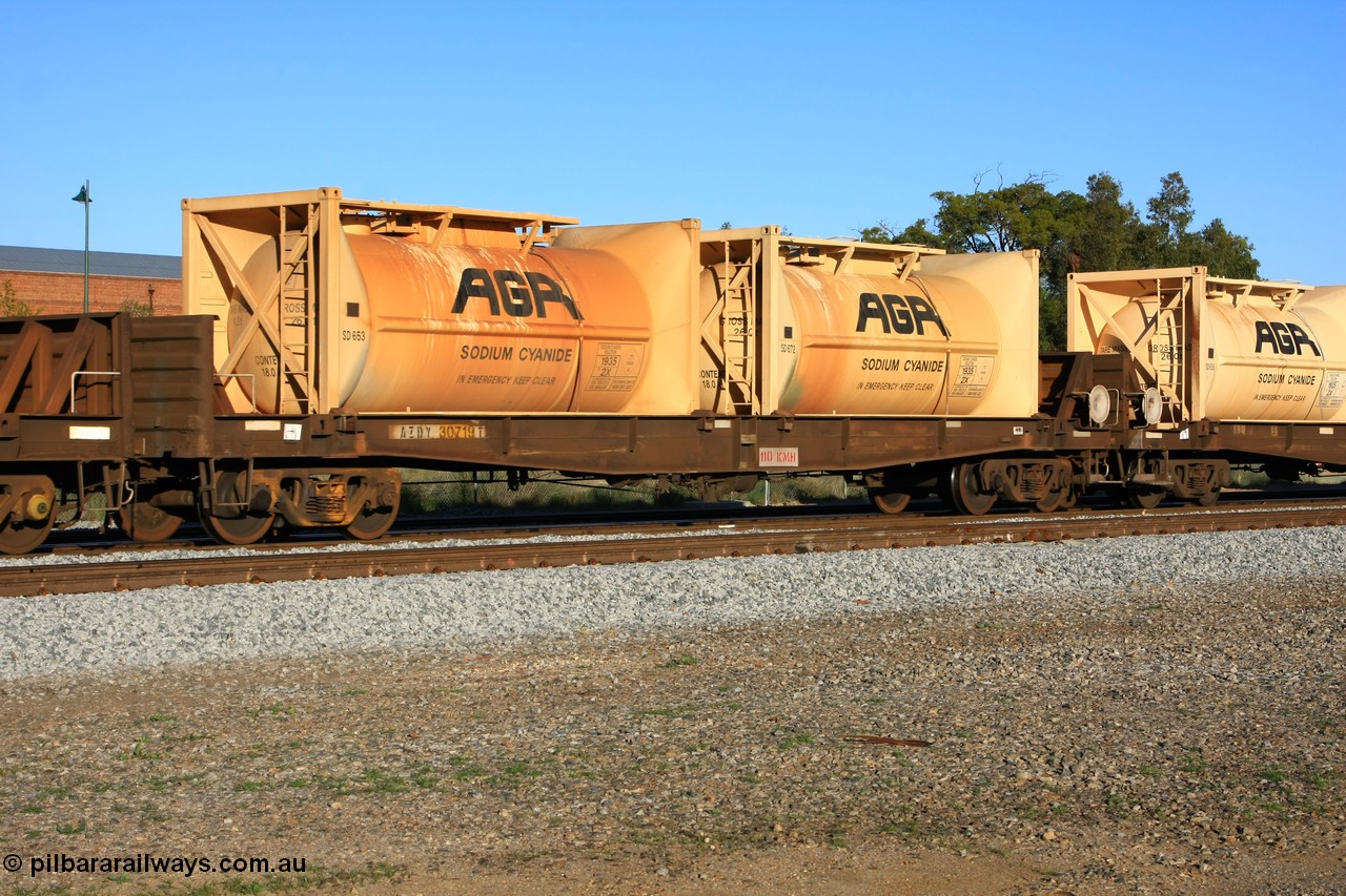 100609 09988
Midland, AZDY 30719, one of about fourteen WBAX vans converted to AZDY type sodium cyanide container waggon, originally built by WAGR Midland Workshops as one of seventy five WV/X type covered vans in 1967-68, converted late 1988/9 to WQDF. Loaded here with two empty AGR sodium cyanide tanktainers SD 653 and SD 672.
Keywords: AZDY-type;AZDY30719;WAGR-Midland-WS;VWV-type;WVX-type;WBAX-type;WQDF-type;