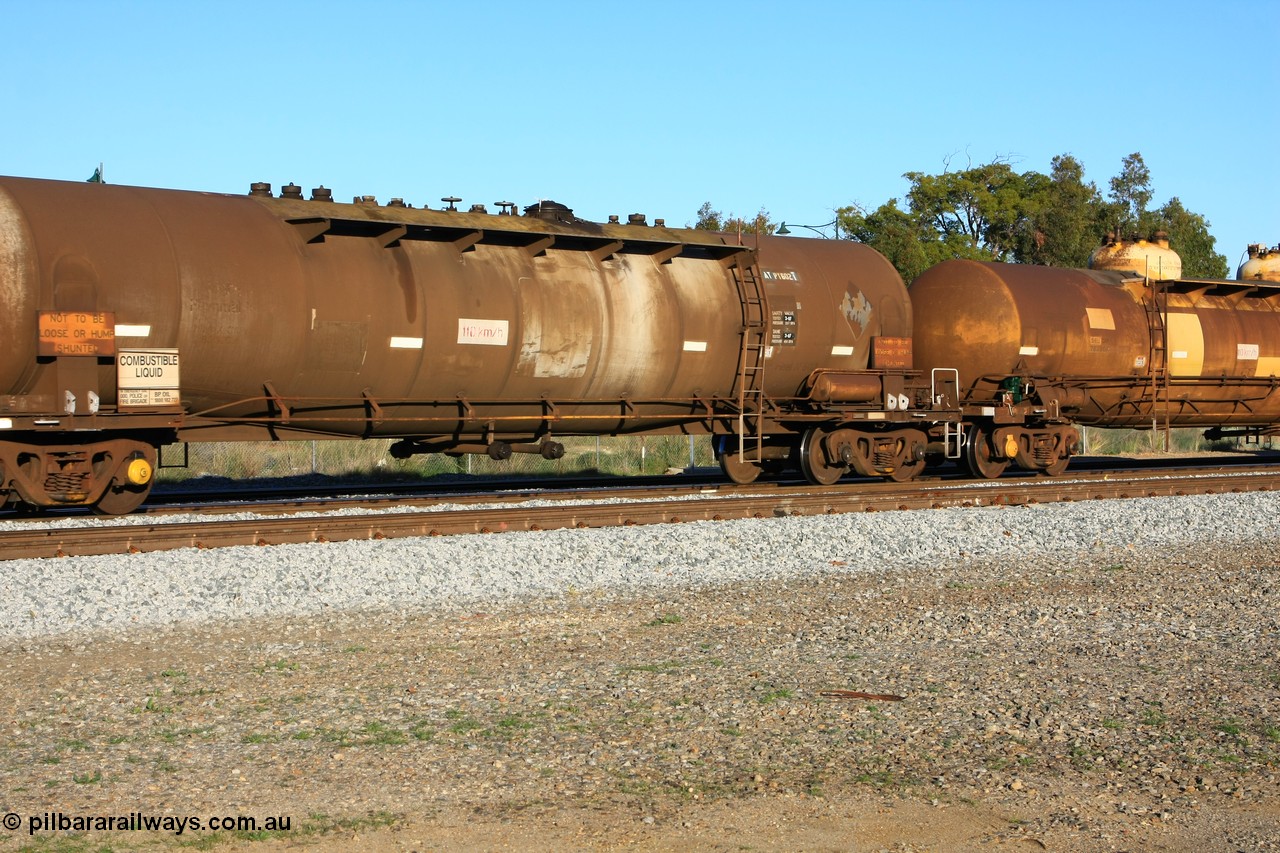 100609 09992
Midland, ATPY 602, fuel tanker, built by WAGR Midland Workshops in 1976 as WJP type for BP Oil, capacity of 80500 litres.
Keywords: ATPY-type;ATPY602;Westrail-Midland-WS;WJP-type;WJPY-type;