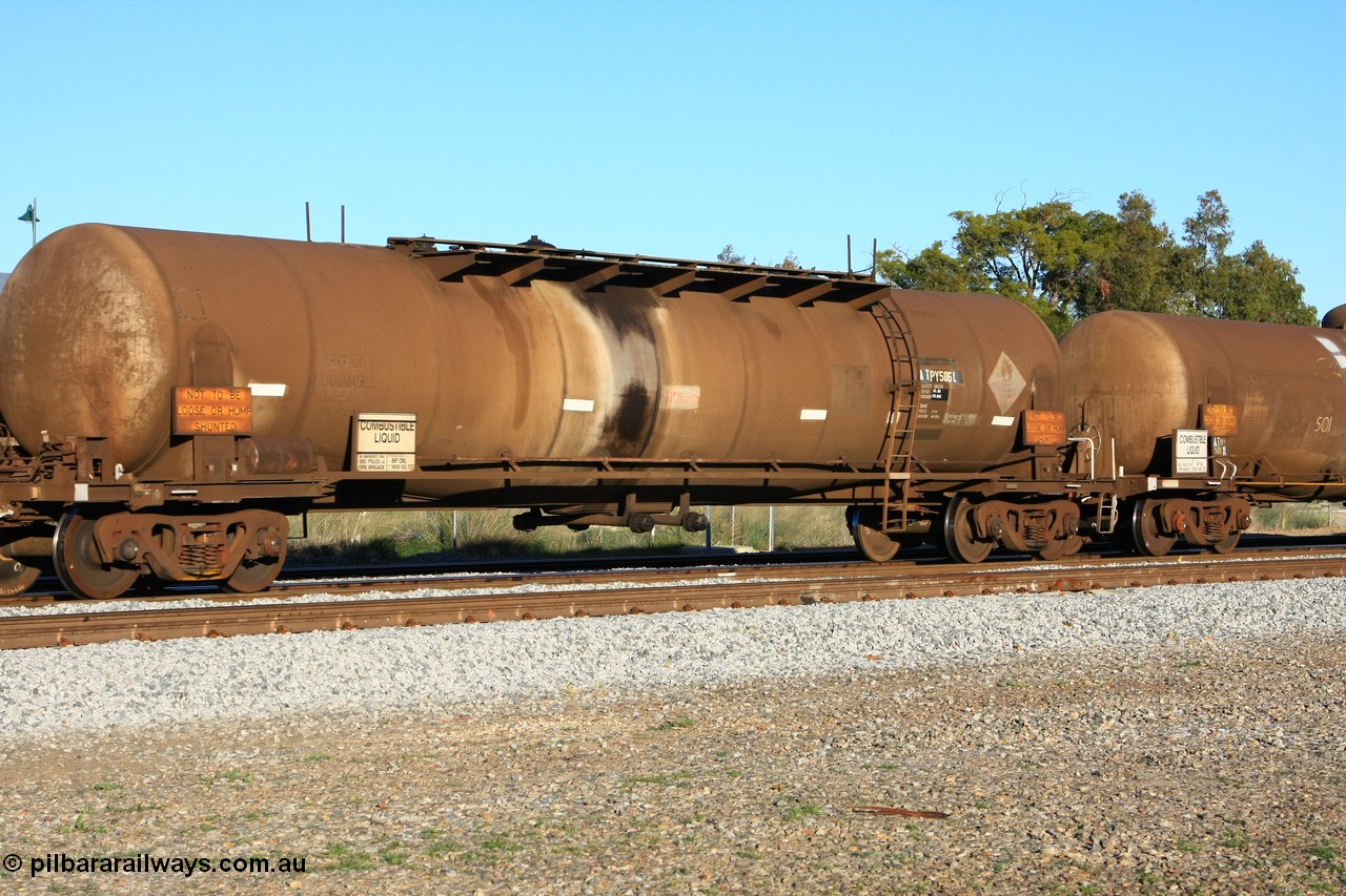 100609 09996
Midland, ATPY 585 fuel tank waggon built by WAGR Midland Workshops in 1976 with 586 for Mobil and coded WJP type, recoded to WJPY, sold to BP Oil in 1985, 80,000 litres one compartment one dome.
Keywords: ATPY-type;ATPY585;WAGR-Midland-WS;WJP-type;WJPY-type;
