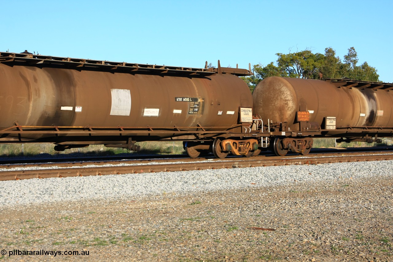 100609 09997
Midland, ATBY 14593 fuel tanker, one of nine JPB type tankers built for Bain Leasing Pty Ltd by Westrail Midland Workshops in 1981/82 for narrow gauge recoded to JPBA, converted to standard gauge as WJPB. 82000 litre capacity, with a 75000 SF limit.
Keywords: ATBY-type;ATBY14593;Westrail-Midland-WS;JPB-type;WJPB-type;JPBA-type;