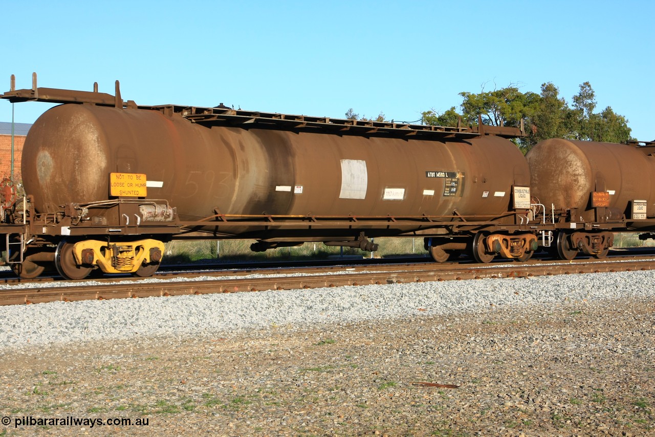 100609 09998
Midland, ATBY 14593 fuel tanker, one of nine JPB type tankers built for Bain Leasing Pty Ltd by Westrail Midland Workshops in 1981/82 for narrow gauge recoded to JPBA, converted to standard gauge as WJPB. 82000 litre capacity, with a 75000 SF limit.
Keywords: ATBY-type;ATBY14593;Westrail-Midland-WS;JPB-type;WJPB-type;JPBA-type;