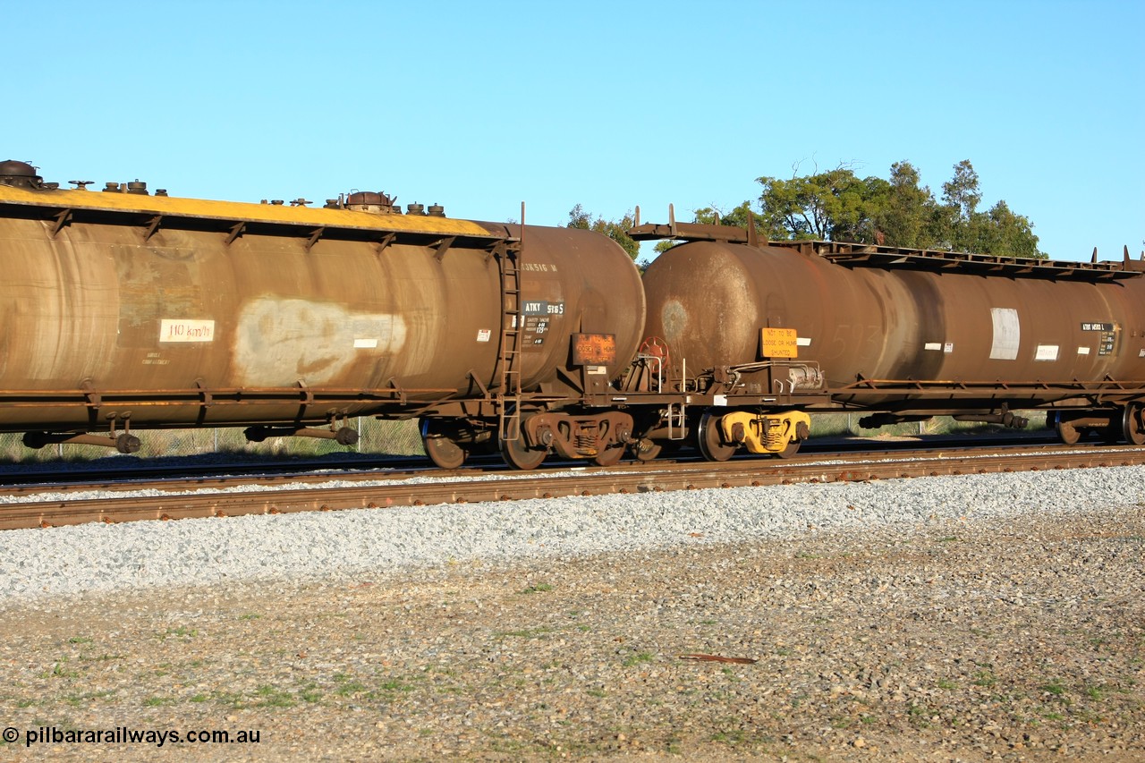 100609 09999
Midland, ATKY 516 fuel tank waggon built by Tulloch Ltd NSW in 1971 along with sister 515 for BP Oil as WJK type 93,000 litres three compartment and three domes, recoded to WJKY.
Keywords: ATKY-type;ATKY516;Tulloch-Ltd-NSW;WJK-type;WJKY-type;