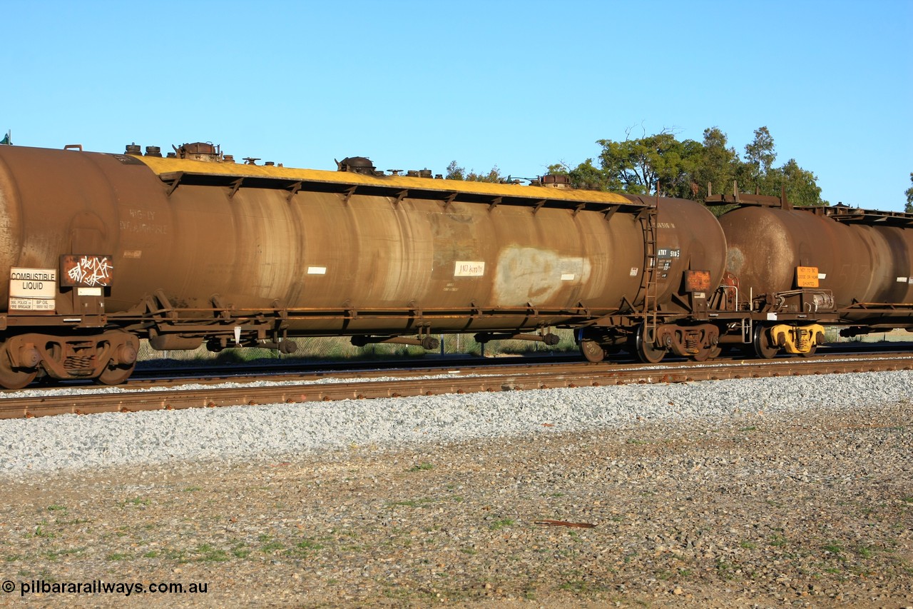 100609 10001
Midland, ATKY 516 fuel tank waggon built by Tulloch Ltd NSW in 1971 along with sister 515 for BP Oil as WJK type 93,000 litres three compartment and three domes, recoded to WJKY.
Keywords: ATKY-type;ATKY516;Tulloch-Ltd-NSW;WJK-type;WJKY-type;