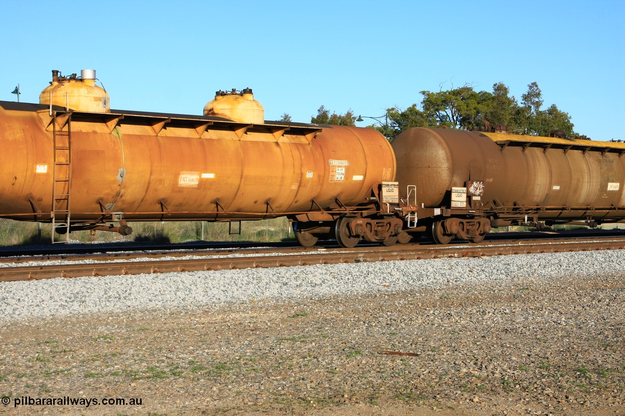 100609 10002
Midland, ATTY 30675 fuel tank waggon, last one of five built by AE Goodwin NSW in 1970/71 as WST type, recoded to WSTY and then ATTY. 78600 litre capacity.
Keywords: ATTY-type;ATTY30675;AE-Goodwin;WST-type;WSTY-type;