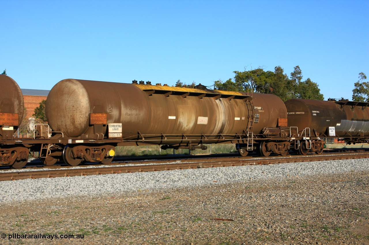 100609 10006
Midland, ATPY 588 fuel tank waggon, built by Westrail Midland Workshops in 1979 for Mobil as WJP type 80,000 litre single compartment and dome, recoded to WJPY, sold to BP Oil in 1985.
Keywords: ATPY-type;ATPY588;WAGR-Midland-WS;WJP-type;WJPY-type;