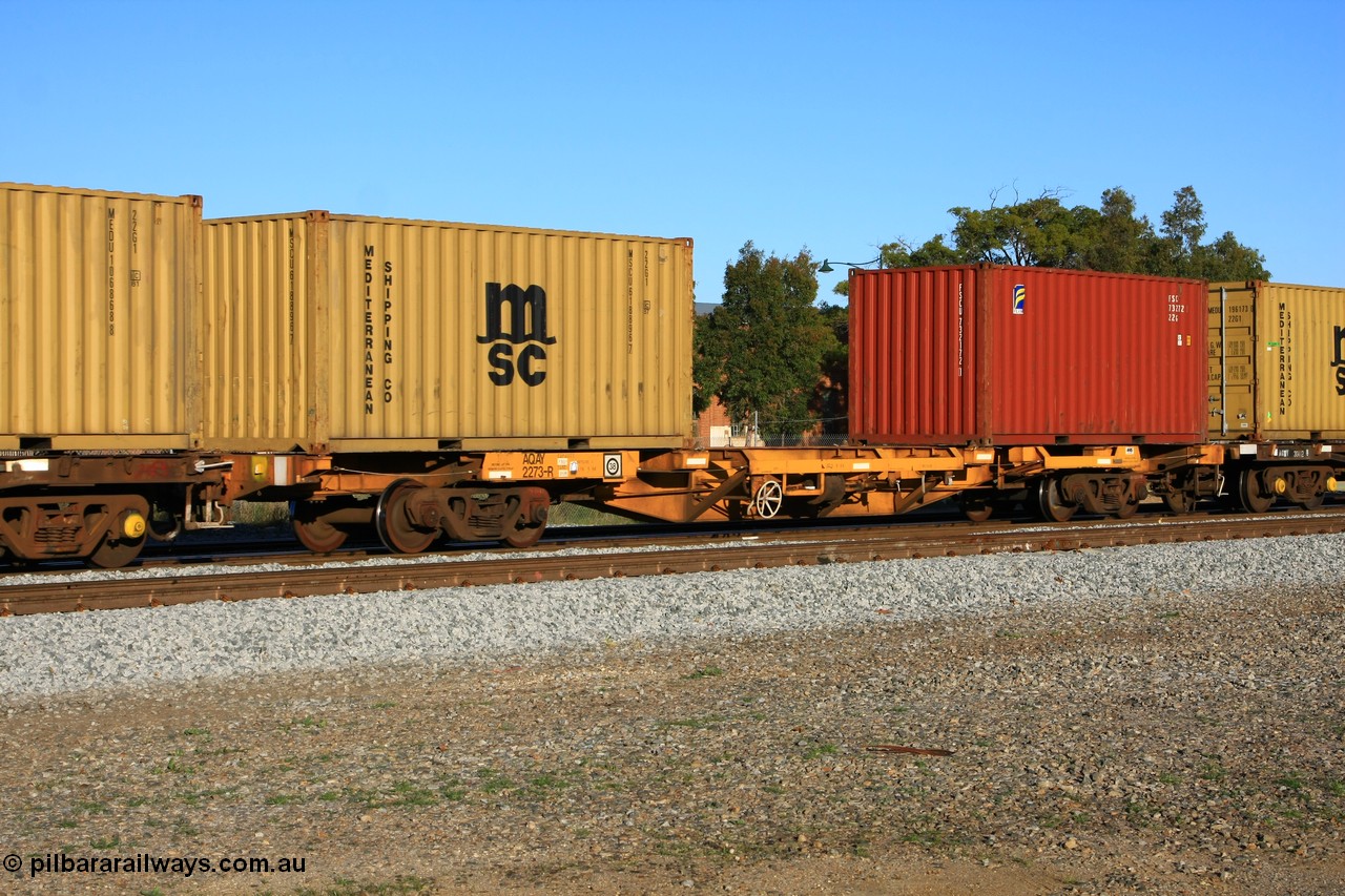 100609 10013
Midland, AQAY 2273 skel container waggon, this orphan waggon started life as a Comeng Vic built open waggon type GOX for Commonwealth Railways in 1970, then coded AOOX. Under AWR ownership is was reduced to this 3 TEU unit container skeletal waggon. Loaded with two 20' 22G1 type containers for Mediterranean Shipping MSCU 618896 and Florens FSCU 732172.
Keywords: AQAY-type;AQAY2273;Comeng-Vic;GOX-type;AOOX-type;