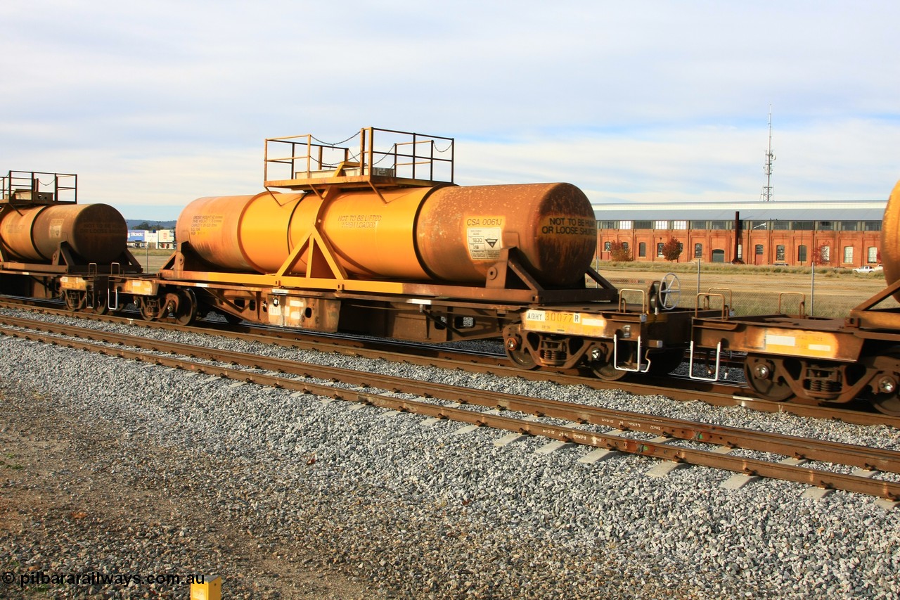 100611 0323
Midland, AQHY 30077 with sulphuric acid tank CSA 0061, originally built by the WAGR Midland Workshops in 1964/66 at WF type flat waggons, then following several codes and modifications in 1997 seventy five were converted to WQH to carry CSA sulphuric acid tanks between Hampton/Kalgoorlie and Perth/Kwinana.
Keywords: AQHY-type;AQHY30077;WAGR-Midland-WS;WF-type;WFDY-type;WFDF-type;RFDF-type;WQH-type;