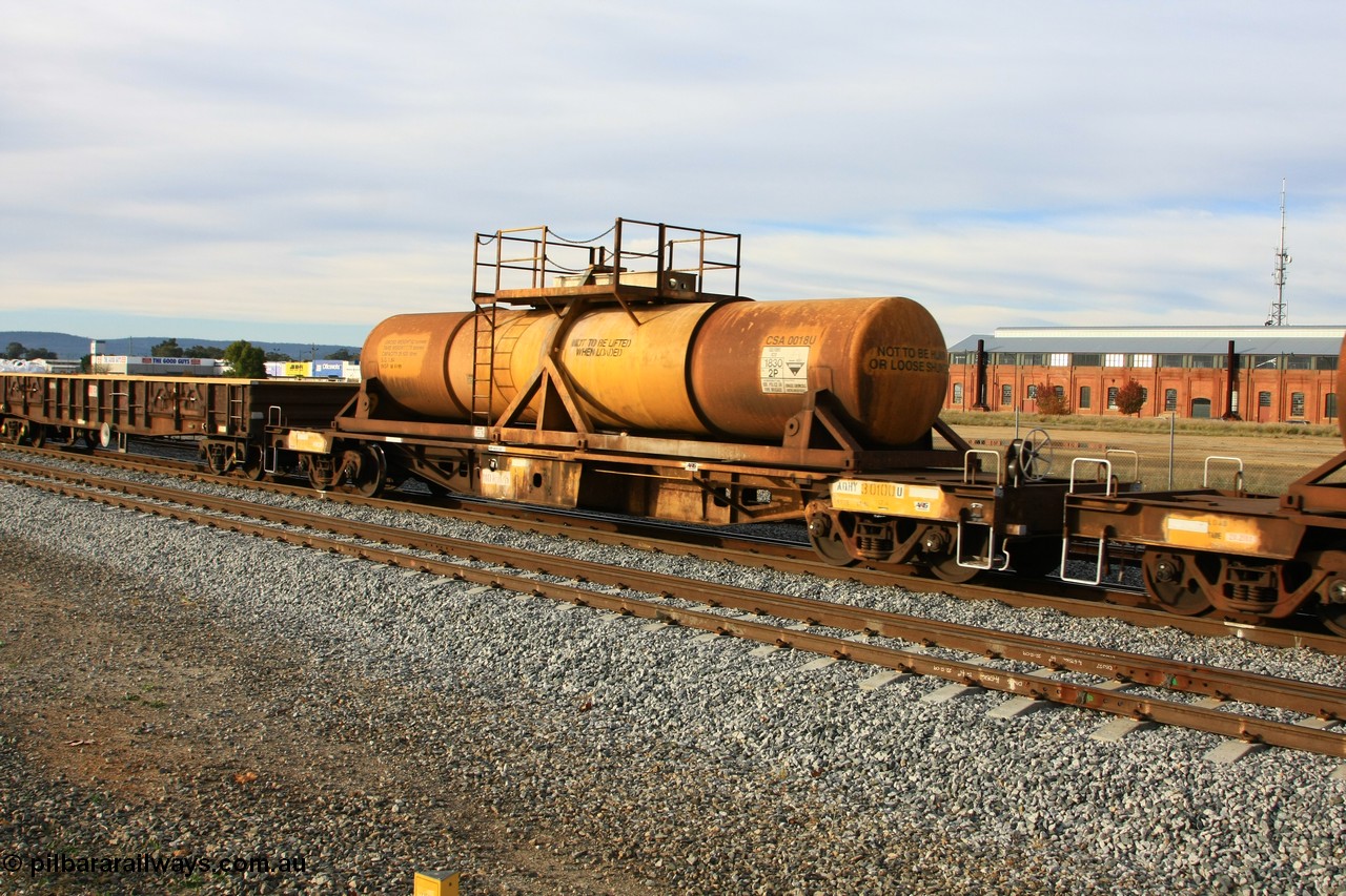 100611 0337
Midland, AHQY 30100 with sulphuric acid tank CSA 0018, originally built by the WAGR Midland Workshops in 1964/66 at WF type flat waggons, then following several codes and modifications in 1997 seventy five were converted to WQH to carry CSA sulphuric acid tanks between Hampton/Kalgoorlie and Perth/Kwinana.
Keywords: AQHY-type;AQHY30100;WAGR-Midland-WS;WF-type;WFP-type;WFDY-type;WFDF-type;WQH-type;