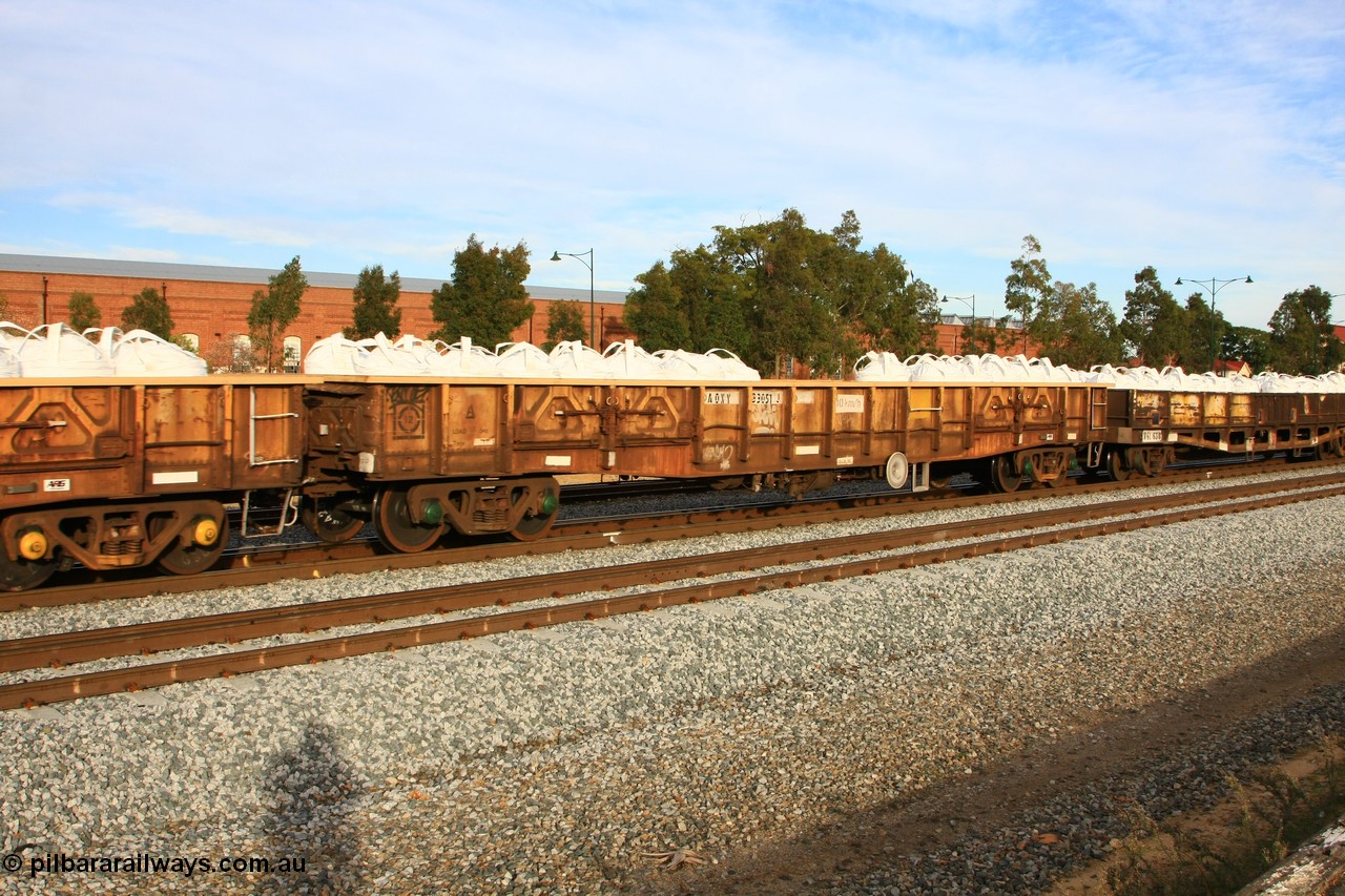 100611 0342
Midland, AOXY 33051 open waggon, converted to carry nickel matte bulk bags similar to the WGL type traffic, AOXY 33051 was originally built by WAGR Midland Workshop between 1966-67 as one of a batch of one hundred, was recoded to WGS for superphosphate traffic 1969-70.
Keywords: AOXY-type;AOXY33051;WAGR-Midland-WS;WGX-type;WGS-type;WOAX-type;