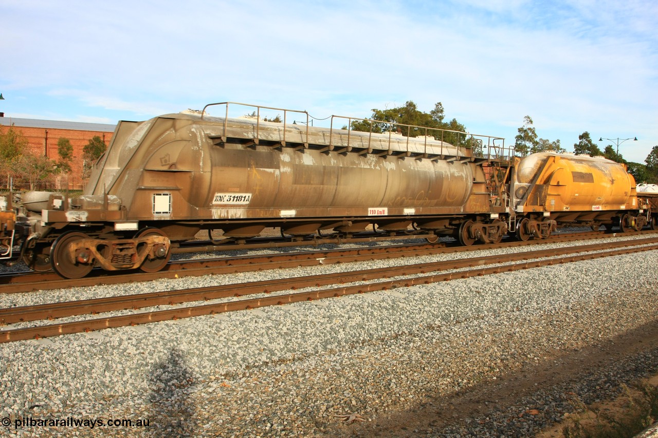 100611 0345
Midland, WNC 31181, one of two WNC type waggons built by Westrail Midland Workshops in 1978 as a pneumatic discharge bulk cement waggon.
Keywords: WNC-type;WNC31181;Westrail-Midland-WS;