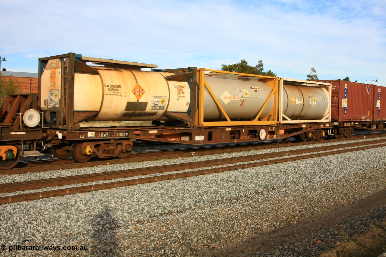 100611 0361
Midland, AQWY 31051 container waggon, built by Centrecon Ltd WA in 1981 in a batch of thirty five WFA type container waggons, another eighteen were also built by Westrail. In 1987 it was converted to WFAP for motor vehicle transport. Laded with three 20' tank-tainers all carrying ammonium nitrate solution or emulsion, Tank Containers Australia tanks TCAU 317504 and TCAU 121002 and a EUROTAINER tank.
Keywords: AQWY-type;AQWY31051;Centrecon-Ltd-WA;WFA-type;WFAP-type;