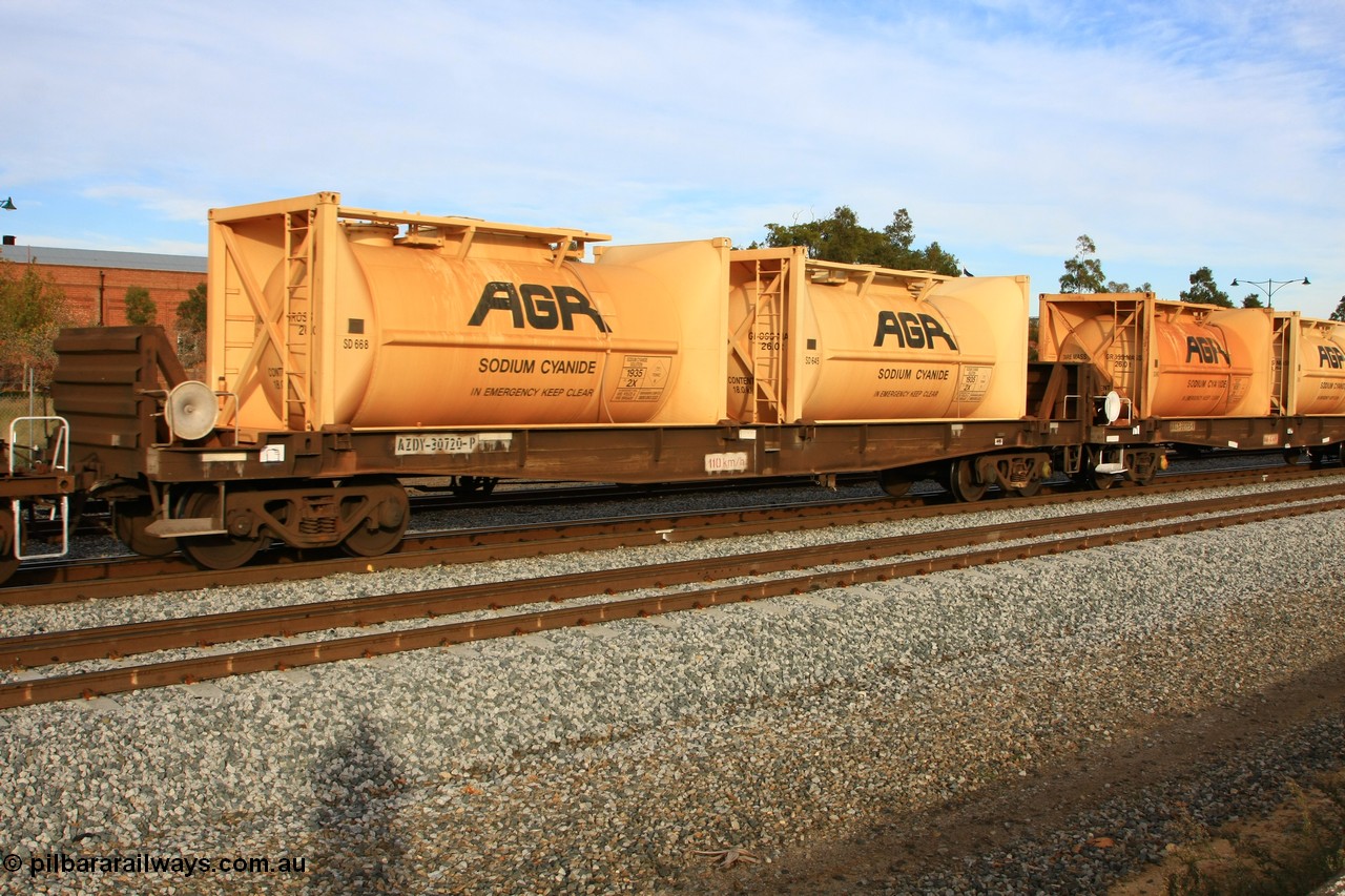 100611 0364
Midland, AZDY 30720, one of about fourteen WBAX vans converted to AZDY type sodium cyanide container waggon, originally built by WAGR Midland Workshops as one of seventy five WV/X type covered vans in 1967-68, converted late 1988/9 to WQDF.
Keywords: AZDY-type;AZDY30720;WAGR-Midland-WS;VWV-type;WBAX-type;WQDF