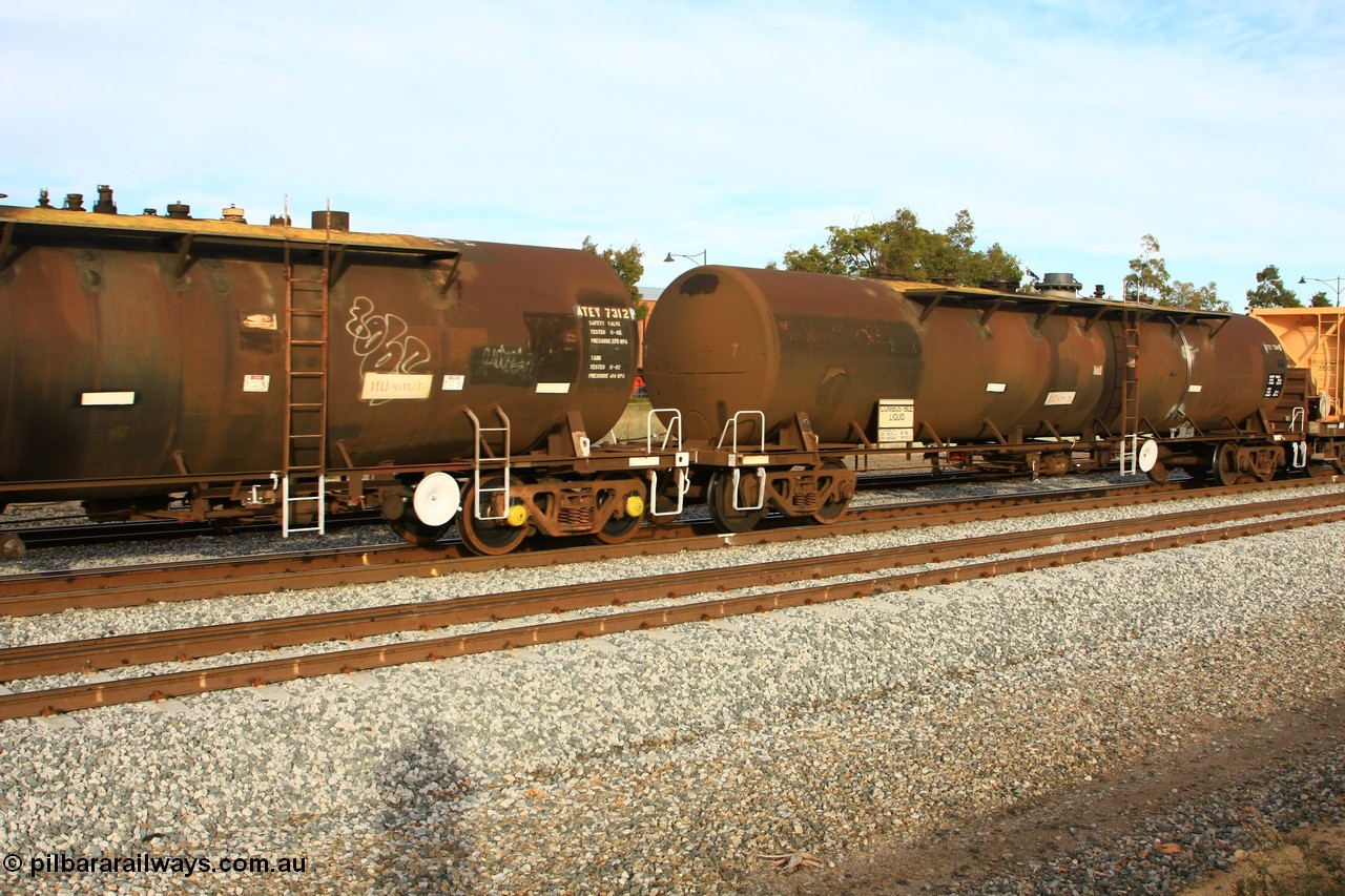 100611 0366
Midland, ATEY 7314 and ATEY 7312 fuel tank waggons, ex NSW and former NTAF in service for BP Oil, former AMPOL tank, coded WTEY when arrived in WA.
Keywords: ATEY-type;ATEY7314;ATEY7312;NTAF-type;WTEY-type;