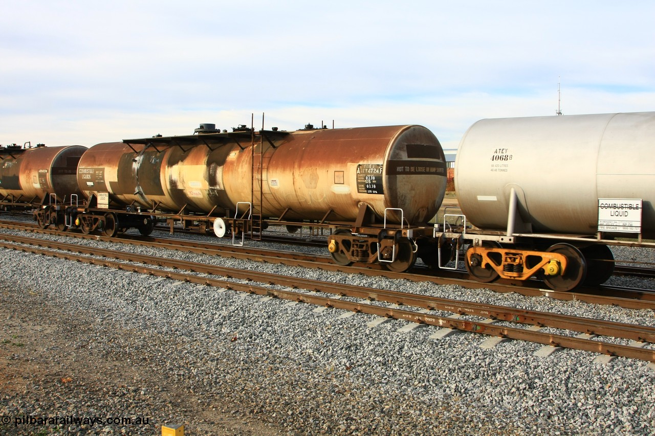 100611 0384
Midland, ATEY 4724 diesel fuel tank waggon in service for BP Oil, former NSW AMPOL NTAF tank, coded WTEY when arrived in WA.
Keywords: ATEY-type;ATEY4724;NTAF-type;WTEY-type;