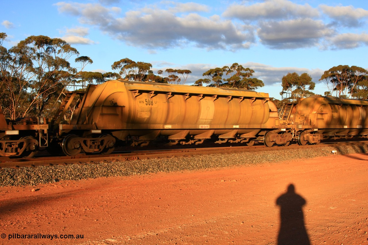 100731 3207
Binduli, WN 508, pneumatic discharge nickel concentrate waggon, one of thirty built by AE Goodwin NSW as WN type in 1970 for WMC.
Keywords: WN-type;WN508;AE-Goodwin;