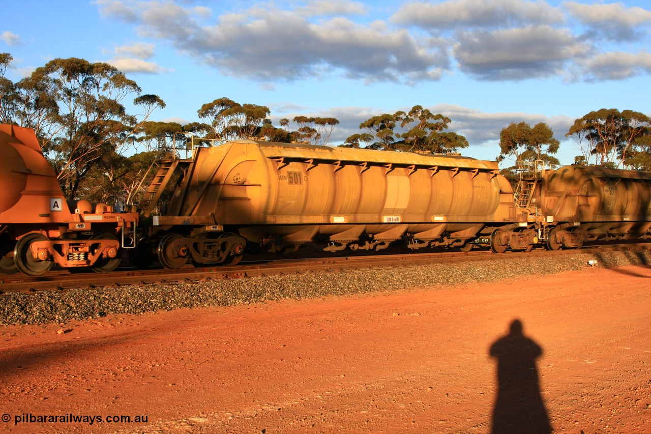 100731 3210
Binduli, WN 501, pneumatic discharge nickel concentrate waggon, type leader of thirty built by AE Goodwin NSW as WN type in 1970 for WMC.
Keywords: WN-type;WN501;AE-Goodwin;