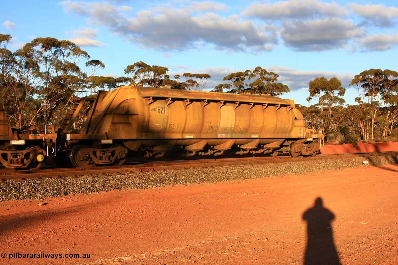 100731 3211
Binduli, WN 521, pneumatic discharge nickel concentrate waggon, one of thirty built by AE Goodwin NSW as WN type in 1970 for WMC.
Keywords: WN-type;WN521;AE-Goodwin;