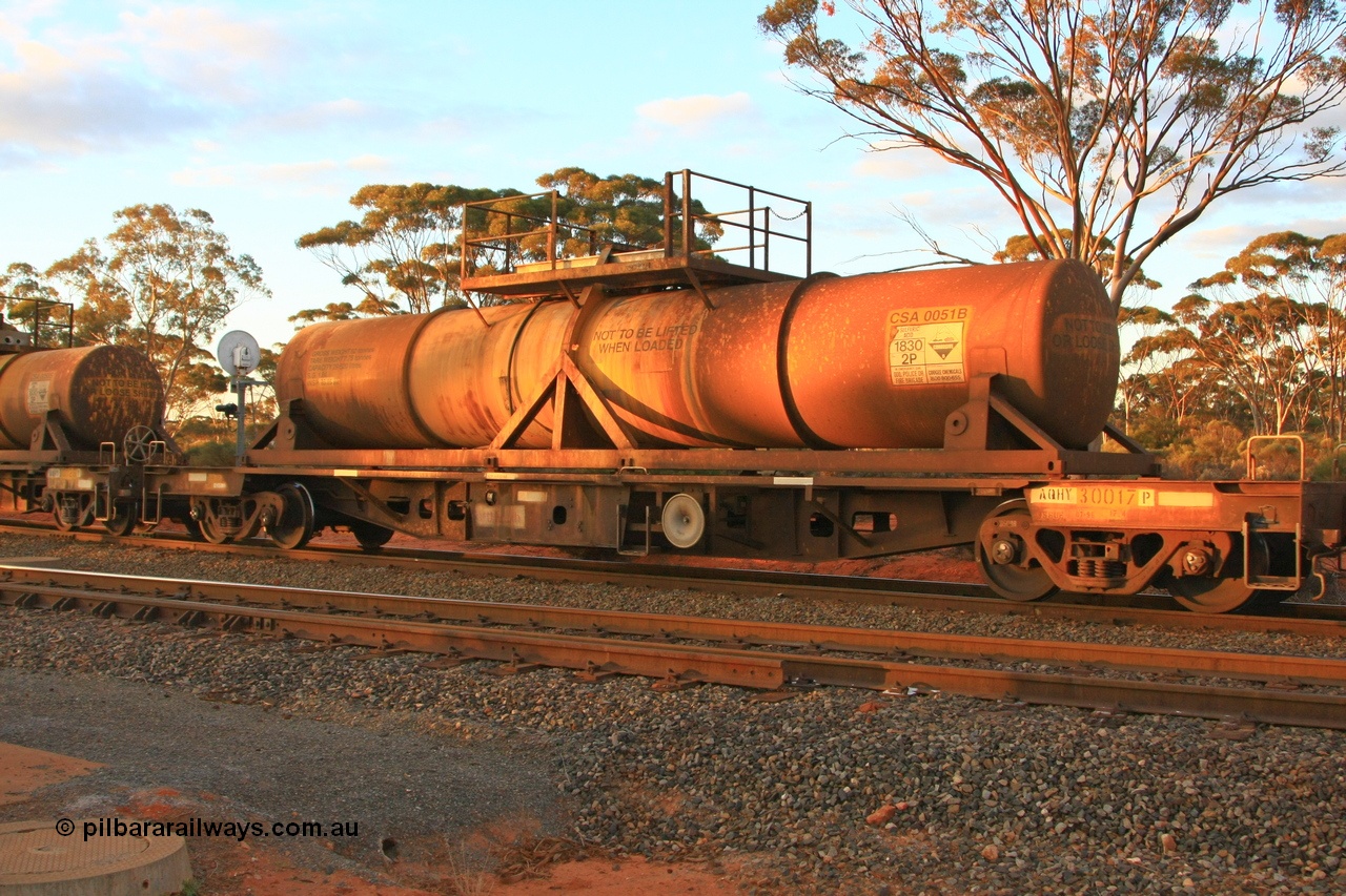 100731 3223
Binduli, AQHY 30017 with sulphuric acid tank CSA 0051, originally built by the WAGR Midland Workshops in 1964/66 at WF type flat waggons, then following several codes and modifications in 1997 seventy five were converted to WQH to carry CSA sulphuric acid tanks between Hampton/Kalgoorlie and Perth/Kwinana.
Keywords: AQHY-type;AQHY30017;WAGR-Midland-WS;WF-type;WFDY-type;WFDF-type;RFDF-type;WQH-type;