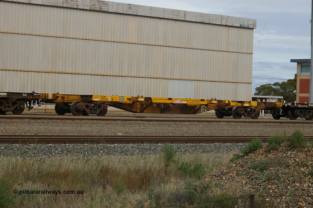 110710 7431 PD
West Kalgoorlie, AQAY 2273, this orphan waggon started life as a Comeng Vic built GOX type open waggon for Commonwealth Railways in 1970, then coded AOOX. Under AWR ownership is was reduced to this 3 TEU unit container skeletal waggon. Peter Donaghy image.
Keywords: Peter-D-Image;AQAY-type;AQAY2273;Comeng-Vic;GOX-type;AOOX-type;ROOX-type;ROKX-type;