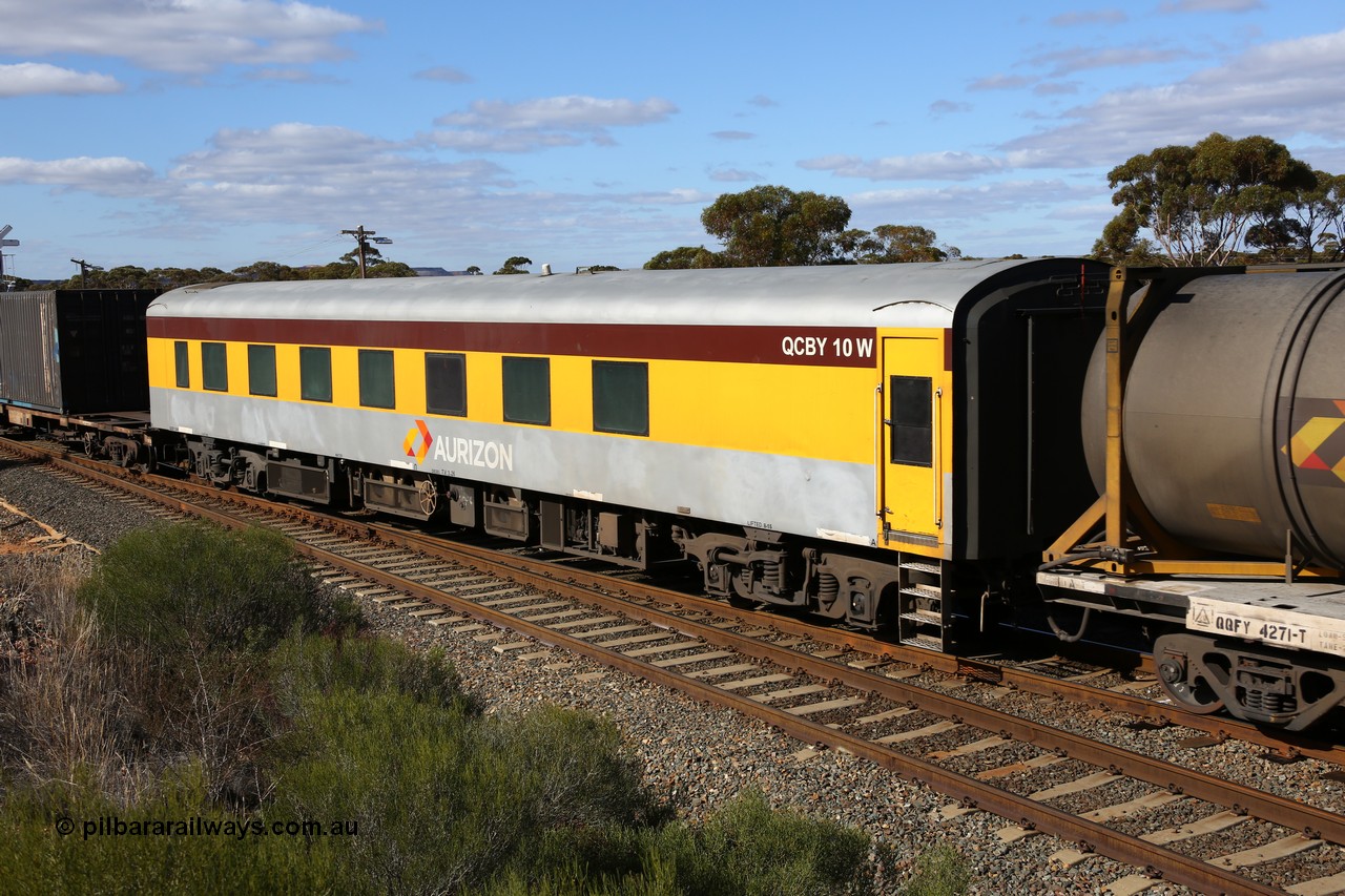 160525 4862
West Kalgoorlie, Aurizon intermodal train 2MP1, crew accommodation coach QCBY 10, started life as Victorian Railways Newport Workshops 1952 build as AS class no. 15, first class air conditioned corridor car, then AS 210, BS 210 and BS 10. Sold to West Coast Railway, then RTS / Gemco and finally to Aurizon.
Keywords: QCBY-type;QCBY10;Victorian-Railways-Newport-WS;AS15;AS210;BS210;BS10;AS-type;BS-type;
