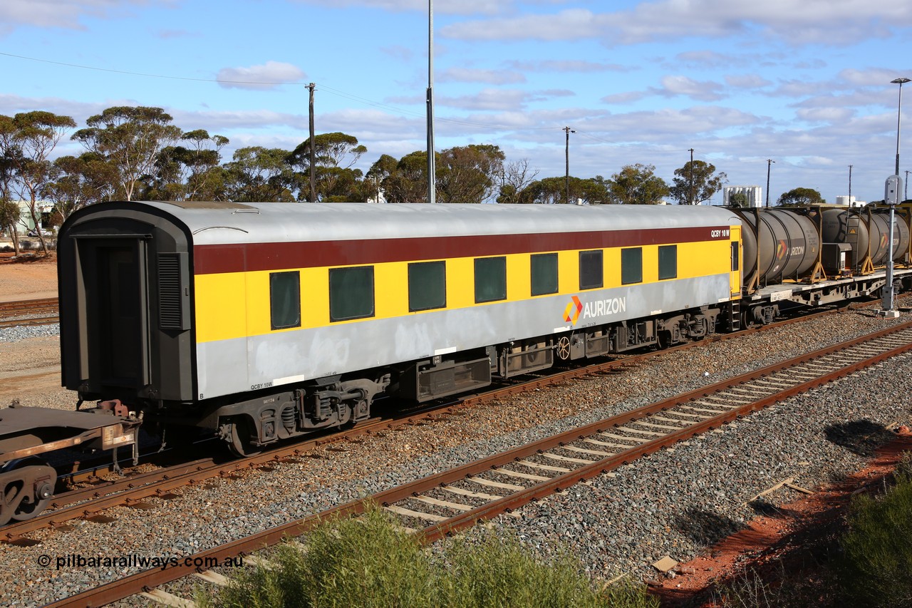 160525 4863
West Kalgoorlie, Aurizon intermodal train 2MP1, crew accommodation coach QCBY 10, started life as Victorian Railways Newport Workshops 1952 build as AS class no. 15, first class air conditioned corridor car, then AS 210, BS 210 and BS 10. Sold to West Coast Railway, then RTS / Gemco and finally to Aurizon.
Keywords: QCBY-type;QCBY10;Victorian-Railways-Newport-WS;AS15;AS210;BS210;BS10;AS-type;BS-type;