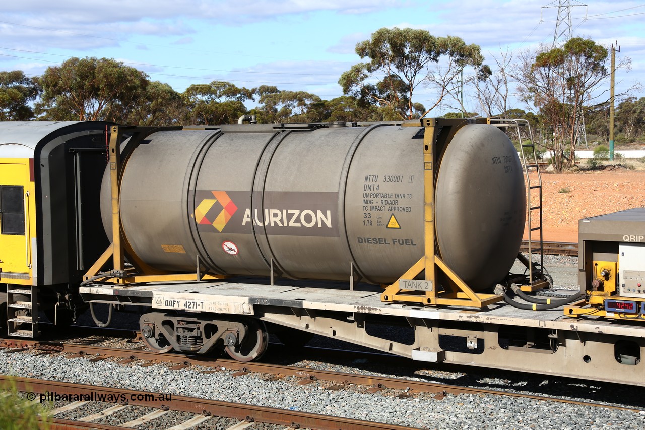 160525 4949
West Kalgoorlie, Aurizon intermodal train 2MP1. Inline fuelling waggon QQFY 4271 A end with 30' diesel fuel tanktainer from Nantong Tank Container Company, NTTU 330001, these tanks have a 30800 litre capacity.
Keywords: QQFY-type;QQFY4271;Perry-Engineering-SA;RMX-type;AQMX-type;AQMY-type;RQMY-type;