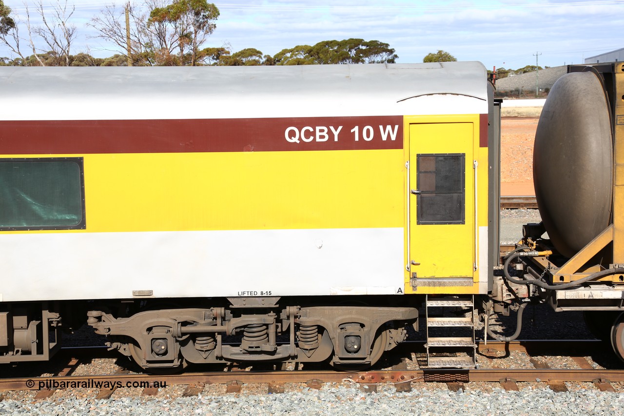 160525 4953
West Kalgoorlie, Aurizon intermodal train 2MP1, crew accommodation coach QCBY 10, started life as Victorian Railways Newport Workshops 1952 build as AS class no. 15, first class air conditioned corridor car, then AS 210, BS 210 and BS 10. Sold to West Coast Railway, then RTS / Gemco and finally to Aurizon.
Keywords: QCBY-type;QCBY10;Victorian-Railways-Newport-WS;AS15;AS210;BS210;BS10;AS-type;BS-type;