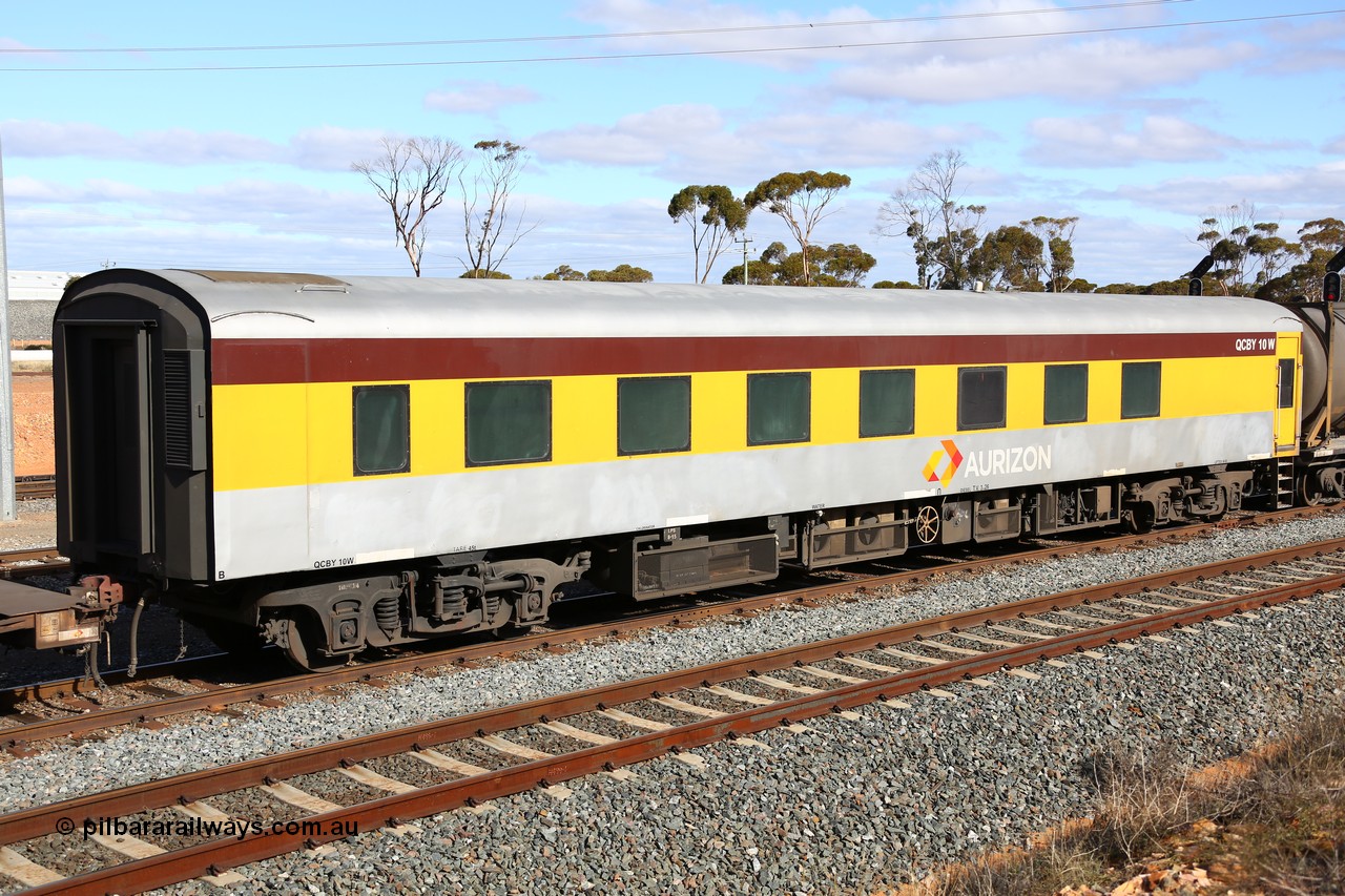160525 4956
West Kalgoorlie, Aurizon intermodal train 2MP1, crew accommodation coach QCBY 10, started life as Victorian Railways Newport Workshops 1952 build as AS class no. 15, first class air conditioned corridor car, then AS 210, BS 210 and BS 10. Sold to West Coast Railway, then RTS / Gemco and finally to Aurizon.
Keywords: QCBY-type;QCBY10;Victorian-Railways-Newport-WS;AS15;AS210;BS210;BS10;AS-type;BS-type;