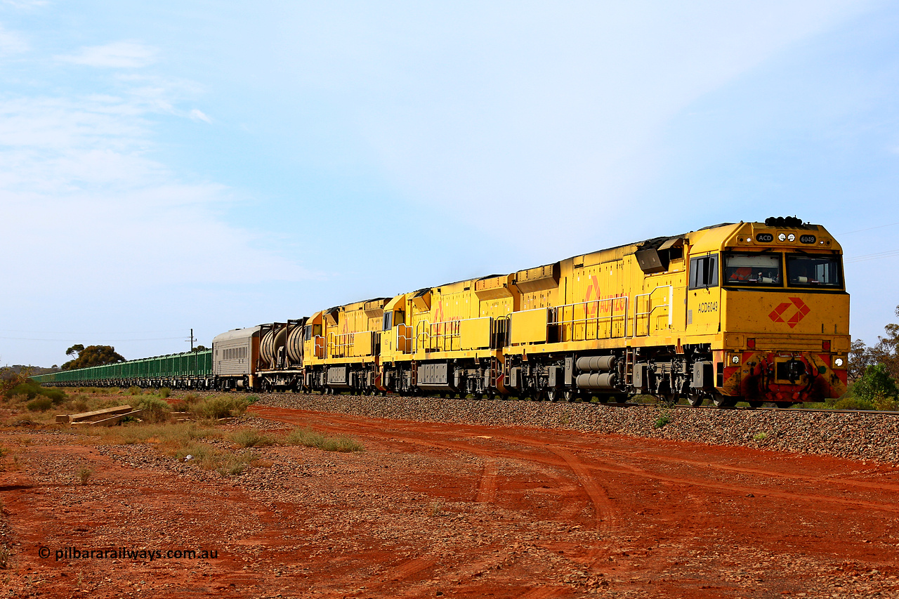 231020 8139
Parkeston, Aurizon's mineral sand service 4UP1 arrives behind ACD 6049, 6025 and ACD 6048 with 114 waggons for 9296 tonnes and 1600 metres. 20th of October 2023.
