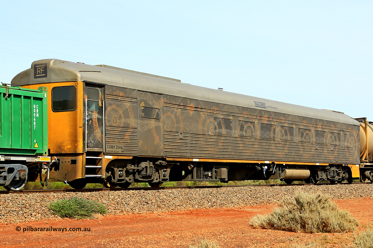 231020 8144
Parkeston, crew car CDBY 254 A. CDBY 254 is ex an Bluebird #254, built in September 1955 by the SAR Islington Workshops as Bluebird railcar 254 and named 'Brolga', in November 2007 converted to a crew car for CFCLA. Aurizon's Tronox mineral sands train 4UP1 from Ivanhoe / Broken Hill (NSW) to Kwinana (WA). 20th of October 2023.
Keywords: CDBY-type;CDBY254;SAR-Islington-WS;Bluebird;Brolga;