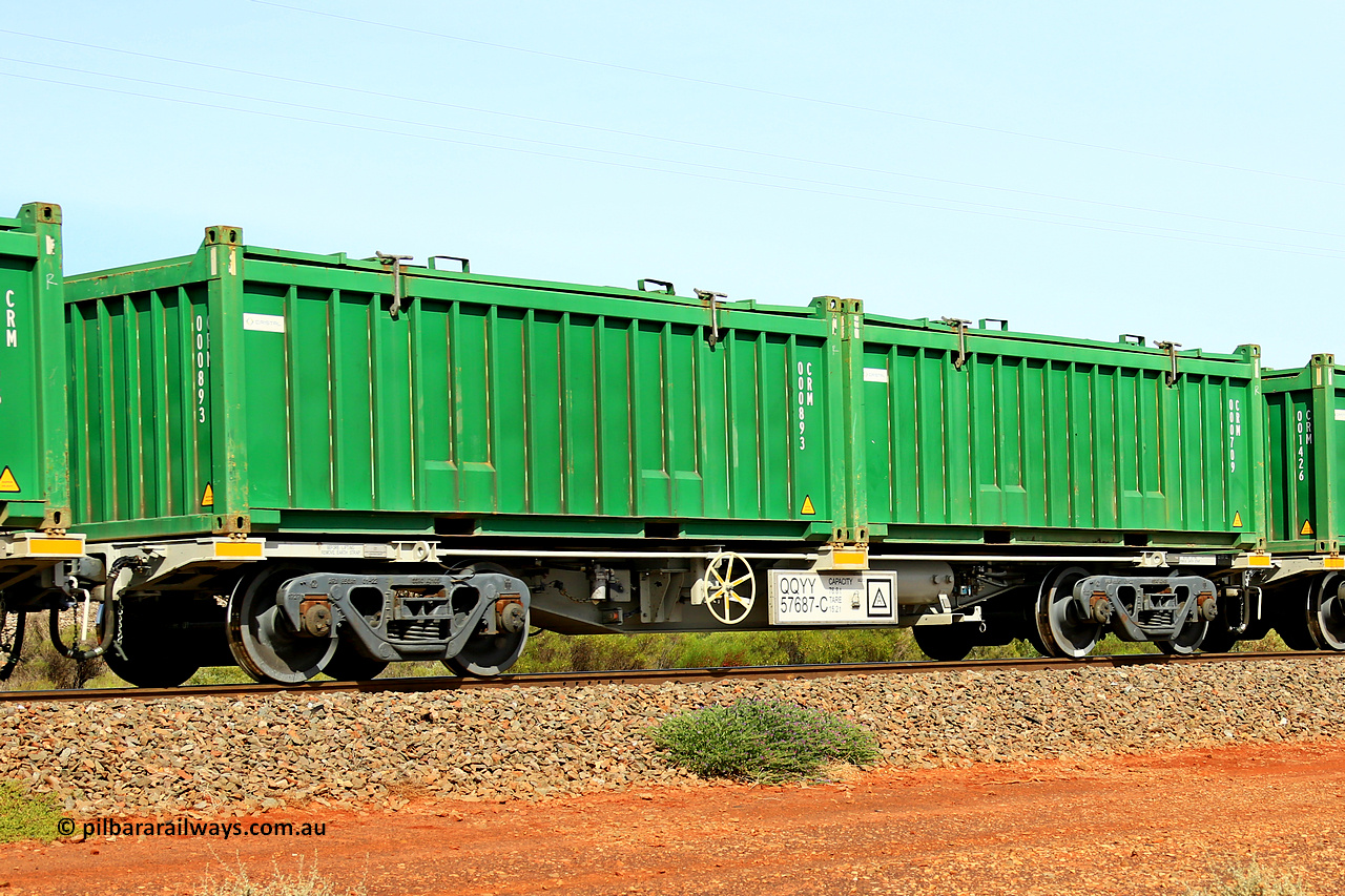 231020 8147
Parkeston, QQYY type 40' container waggon QQYY 57687 one of five hundred ordered by Aurizon and built by CRRC Yangtze Group of China in 2022. In service with two loaded 20' half height hard top 'rotainers' lettered CRM, for Cristal Mining before they were absorbed into Tronox, CRM 000709 with Cristal decal and CRM 000893 with Cristal decal, on Aurizon's Tronox mineral sands train 4UP1 from Ivanhoe / Broken Hill (NSW) to Kwinana (WA). 20th of October 2023.
Keywords: QQYY-type;QQYY57687;CRRC-Yangtze-Group-China;