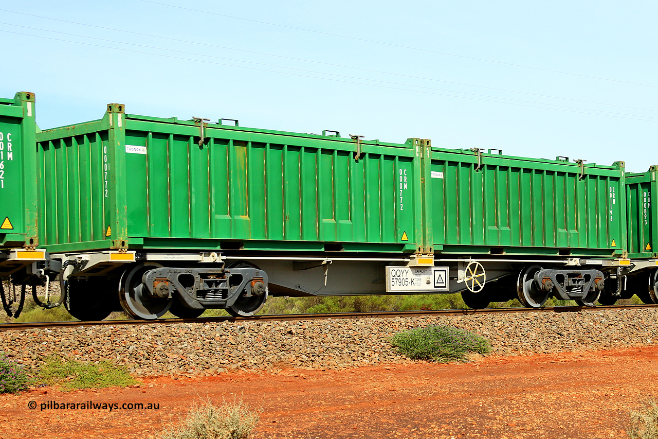 231020 8148
Parkeston, QQYY type 40' container waggon QQYY 57905 one of five hundred ordered by Aurizon and built by CRRC Yangtze Group of China in 2022. In service with two loaded 20' half height hard top 'rotainers' lettered CRM, for Cristal Mining before they were absorbed into Tronox, CRM 001196 with Tronox decal and CRM 000772 with Tronox decal, on Aurizon's Tronox mineral sands train 4UP1 from Ivanhoe / Broken Hill (NSW) to Kwinana (WA). 20th of October 2023.
Keywords: QQYY-type;QQYY57905;CRRC-Yangtze-Group-China;