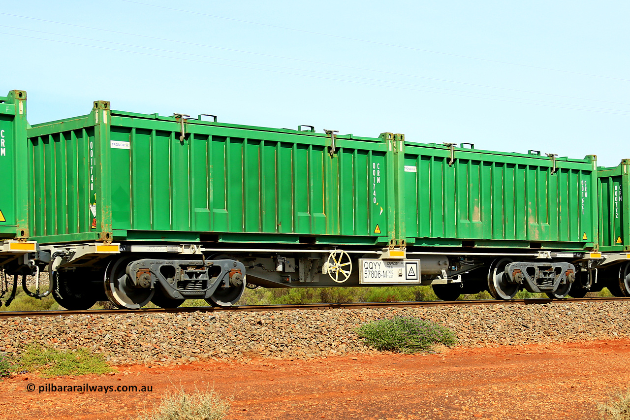 231020 8149
Parkeston, QQYY type 40' container waggon QQYY 57806 one of five hundred ordered by Aurizon and built by CRRC Yangtze Group of China in 2022. In service with two loaded 20' half height hard top 'rotainers' lettered CRM, for Cristal Mining before they were absorbed into Tronox, CRM 001621 with Tronox decal and CRM 001740 with Tronox decal, on Aurizon's Tronox mineral sands train 4UP1 from Ivanhoe / Broken Hill (NSW) to Kwinana (WA). 20th of October 2023.
Keywords: QQYY-type;QQYY57806;CRRC-Yangtze-Group-China;