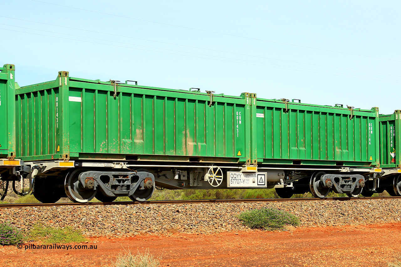 231020 8150
Parkeston, QQYY type 40' container waggon QQYY 57707 one of five hundred ordered by Aurizon and built by CRRC Yangtze Group of China in 2022. In service with two loaded 20' half height hard top 'rotainers' lettered CRM, for Cristal Mining before they were absorbed into Tronox, CRM 001166 with Tronox decal and CRM 001431 with Cristal decal, on Aurizon's Tronox mineral sands train 4UP1 from Ivanhoe / Broken Hill (NSW) to Kwinana (WA). 20th of October 2023.
Keywords: QQYY-type;QQYY57707;CRRC-Yangtze-Group-China;
