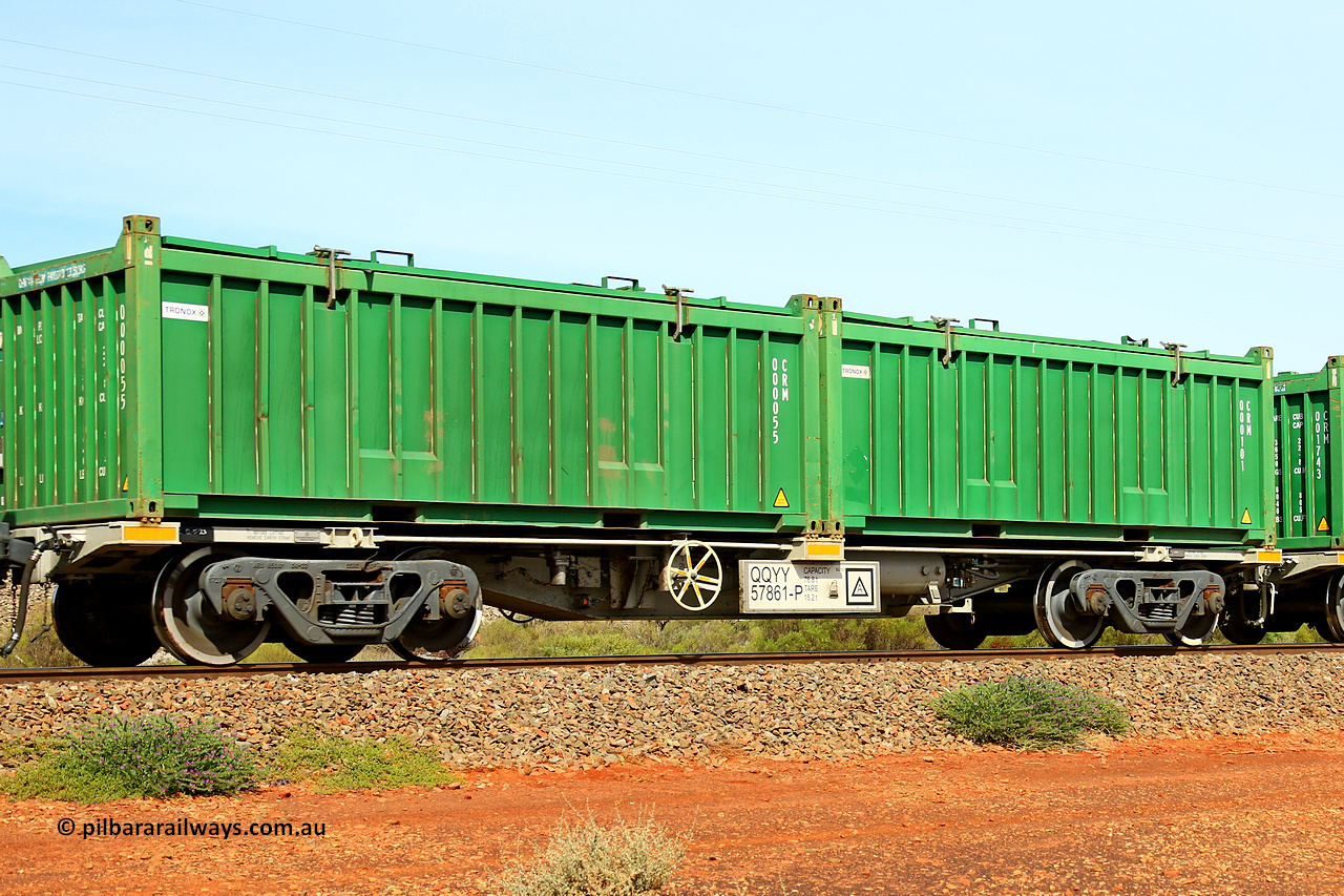 231020 8152
Parkeston, QQYY type 40' container waggon QQYY 57861 one of five hundred ordered by Aurizon and built by CRRC Yangtze Group of China in 2022. In service with two loaded 20' half height hard top 'rotainers' lettered CRM, for Cristal Mining before they were absorbed into Tronox, CRM 000101 with Tronox decal and CRM 000055 with Tronox decal, on Aurizon's Tronox mineral sands train 4UP1 from Ivanhoe / Broken Hill (NSW) to Kwinana (WA). 20th of October 2023.
Keywords: QQYY-type;QQYY57861;CRRC-Yangtze-Group-China;