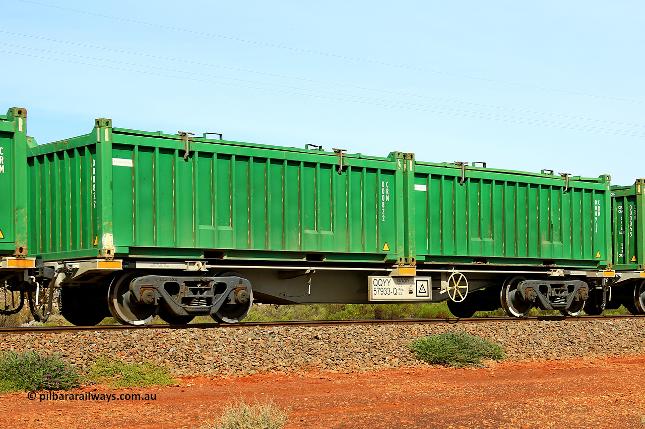 231020 8153
Parkeston, QQYY type 40' container waggon QQYY 57933 one of five hundred ordered by Aurizon and built by CRRC Yangtze Group of China in 2022. In service with two loaded 20' half height hard top 'rotainers' lettered CRM, for Cristal Mining before they were absorbed into Tronox, CRM 000914 with Cristal decal and CRM 000822 with Cristal decal, on Aurizon's Tronox mineral sands train 4UP1 from Ivanhoe / Broken Hill (NSW) to Kwinana (WA). 20th of October 2023.
Keywords: QQYY-type;QQYY57933;CRRC-Yangtze-Group-China;