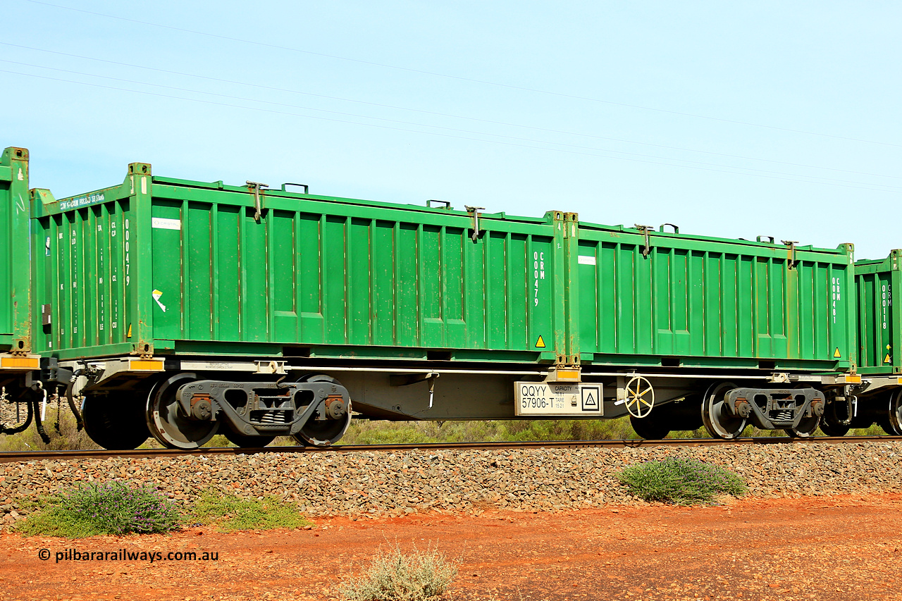 231020 8157
Parkeston, QQYY type 40' container waggon QQYY 57906 one of five hundred ordered by Aurizon and built by CRRC Yangtze Group of China in 2022. In service with two loaded 20' half height hard top 'rotainers' lettered CRM, for Cristal Mining before they were absorbed into Tronox, CRM 000481 with Cristal decal and CRM 000479 with Cristal decal, on Aurizon's Tronox mineral sands train 4UP1 from Ivanhoe / Broken Hill (NSW) to Kwinana (WA). 20th of October 2023.
Keywords: QQYY-type;QQYY57906;CRRC-Yangtze-Group-China;