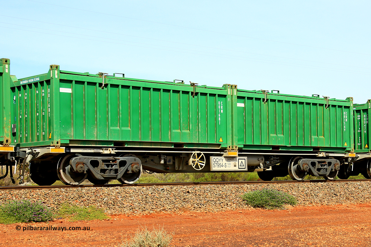 231020 8158
Parkeston, QQYY type 40' container waggon QQYY 57954 one of five hundred ordered by Aurizon and built by CRRC Yangtze Group of China in 2022. In service with two loaded 20' half height hard top 'rotainers' lettered CRM, for Cristal Mining before they were absorbed into Tronox, CRM 001569 with Cristal decal and CRM 001681 with Cristal decal, on Aurizon's Tronox mineral sands train 4UP1 from Ivanhoe / Broken Hill (NSW) to Kwinana (WA). 20th of October 2023.
Keywords: QQYY-type;QQYY57954;CRRC-Yangtze-Group-China;