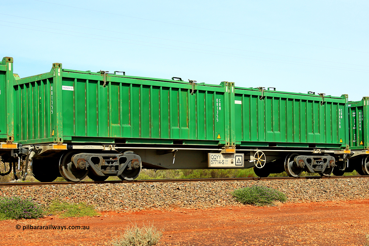 231020 8160
Parkeston, QQYY type 40' container waggon QQYY 57714 one of five hundred ordered by Aurizon and built by CRRC Yangtze Group of China in 2022. In service with two loaded 20' half height hard top 'rotainers' lettered CRM, for Cristal Mining before they were absorbed into Tronox, CRM 000390 with Cristal decal and CRM 001355 with Tronox decal, on Aurizon's Tronox mineral sands train 4UP1 from Ivanhoe / Broken Hill (NSW) to Kwinana (WA). 20th of October 2023.
Keywords: QQYY-type;QQYY57714;CRRC-Yangtze-Group-China;