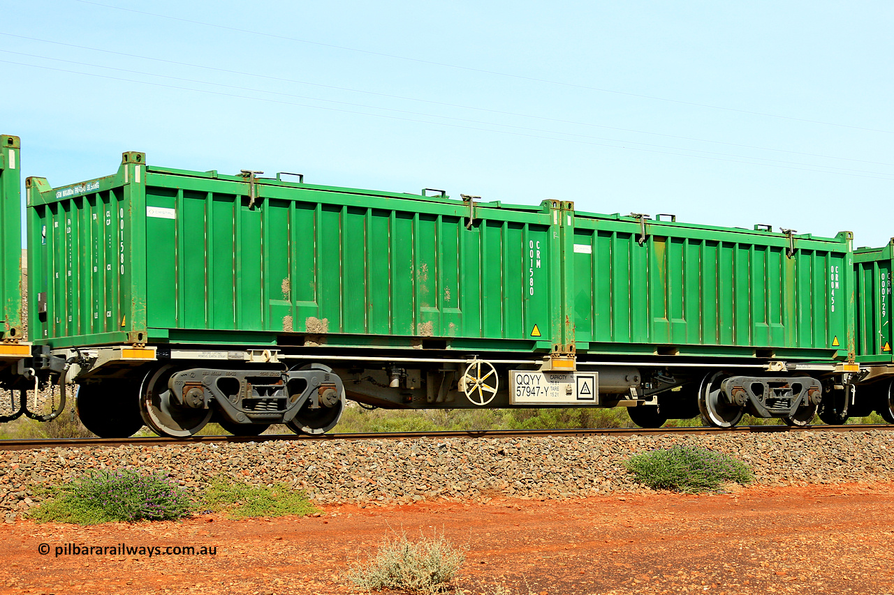 231020 8162
Parkeston, QQYY type 40' container waggon QQYY 57947 one of five hundred ordered by Aurizon and built by CRRC Yangtze Group of China in 2022. In service with two loaded 20' half height hard top 'rotainers' lettered CRM, for Cristal Mining before they were absorbed into Tronox, CRM 000450 with Cristal decal and CRM 001580 with Cristal decal, on Aurizon's Tronox mineral sands train 4UP1 from Ivanhoe / Broken Hill (NSW) to Kwinana (WA). 20th of October 2023.
Keywords: QQYY-type;QQYY57947;CRRC-Yangtze-Group-China;