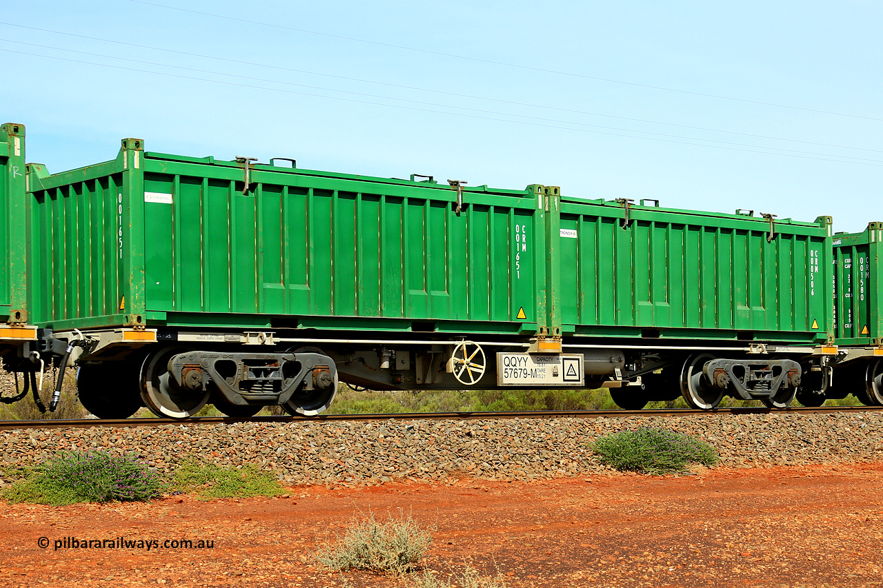 231020 8163
Parkeston, QQYY type 40' container waggon QQYY 57679 one of five hundred ordered by Aurizon and built by CRRC Yangtze Group of China in 2022. In service with two loaded 20' half height hard top 'rotainers' lettered CRM, for Cristal Mining before they were absorbed into Tronox, CRM 000506 with Tronox decal and CRM 001651 with Cristal decal, on Aurizon's Tronox mineral sands train 4UP1 from Ivanhoe / Broken Hill (NSW) to Kwinana (WA). 20th of October 2023.
Keywords: QQYY-type;QQYY57679;CRRC-Yangtze-Group-China;
