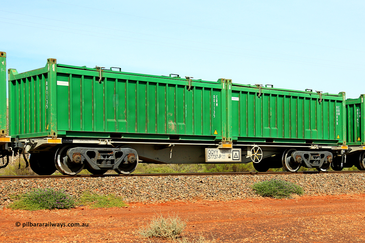 231020 8164
Parkeston, QQYY type 40' container waggon QQYY 57737 one of five hundred ordered by Aurizon and built by CRRC Yangtze Group of China in 2022. In service with two loaded 20' half height hard top 'rotainers' lettered CRM, for Cristal Mining before they were absorbed into Tronox, CRM 00098 with Tronox decal and CRM 001135 with Cristal decal, on Aurizon's Tronox mineral sands train 4UP1 from Ivanhoe / Broken Hill (NSW) to Kwinana (WA). 20th of October 2023.
Keywords: QQYY-type;QQYY57737;CRRC-Yangtze-Group-China;