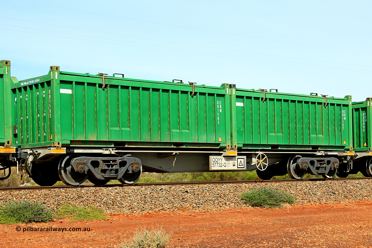 231020 8166
Parkeston, QQYY type 40' container waggon QQYY 57732 one of five hundred ordered by Aurizon and built by CRRC Yangtze Group of China in 2022. In service with two loaded 20' half height hard top 'rotainers' lettered CRM, for Cristal Mining before they were absorbed into Tronox, CRM 001157 with Cristal decal and CRM 001503 with Cristal decal, on Aurizon's Tronox mineral sands train 4UP1 from Ivanhoe / Broken Hill (NSW) to Kwinana (WA). 20th of October 2023.
Keywords: QQYY-type;QQYY57732;CRRC-Yangtze-Group-China;