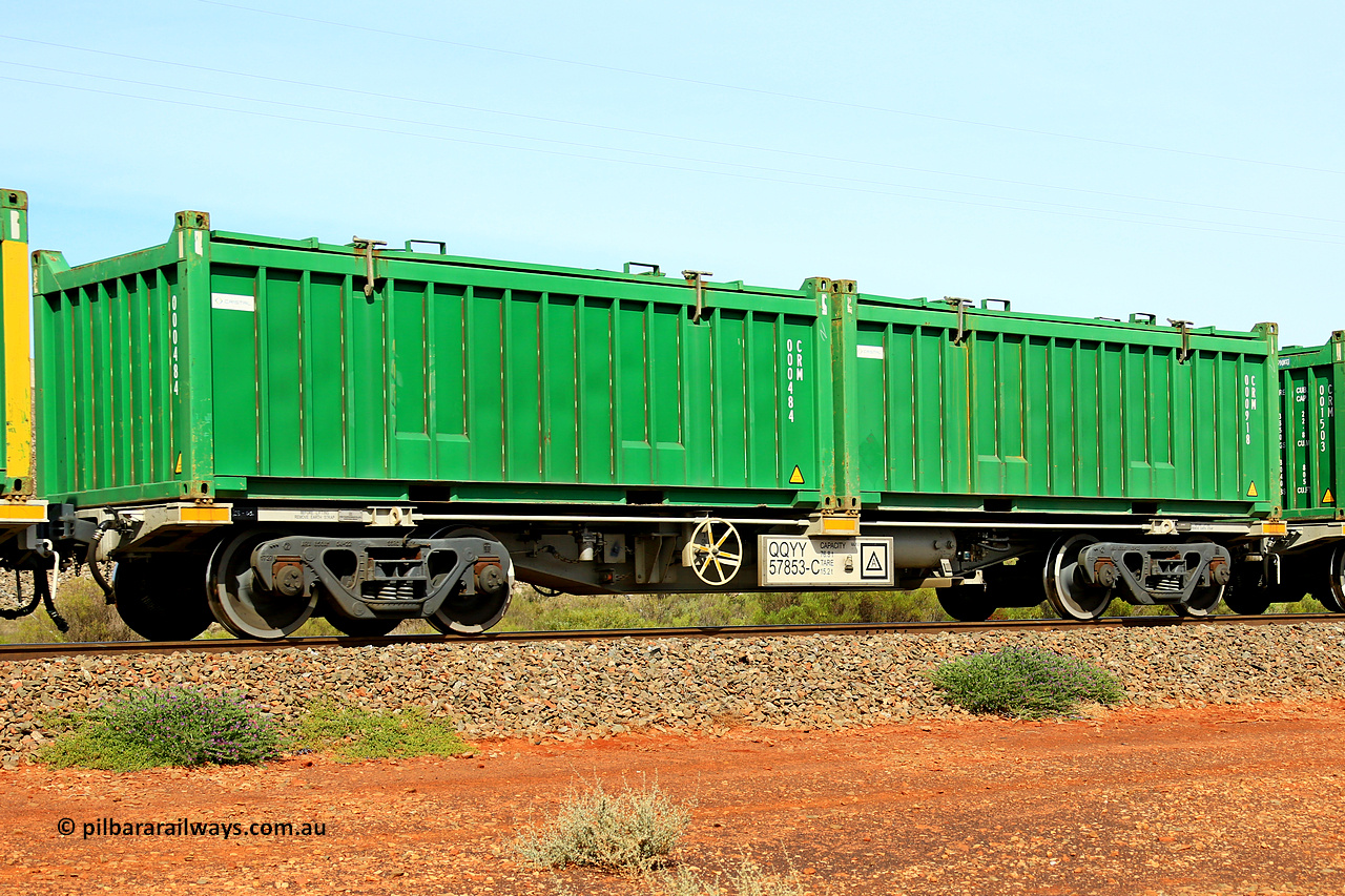 231020 8167
Parkeston, QQYY type 40' container waggon QQYY 57853 one of five hundred ordered by Aurizon and built by CRRC Yangtze Group of China in 2022. In service with two loaded 20' half height hard top 'rotainers' lettered CRM, for Cristal Mining before they were absorbed into Tronox, CRM 000918 with Cristal decal and CRM 000484 with Cristal decal, on Aurizon's Tronox mineral sands train 4UP1 from Ivanhoe / Broken Hill (NSW) to Kwinana (WA). 20th of October 2023.
Keywords: QQYY-type;QQYY57853;CRRC-Yangtze-Group-China;