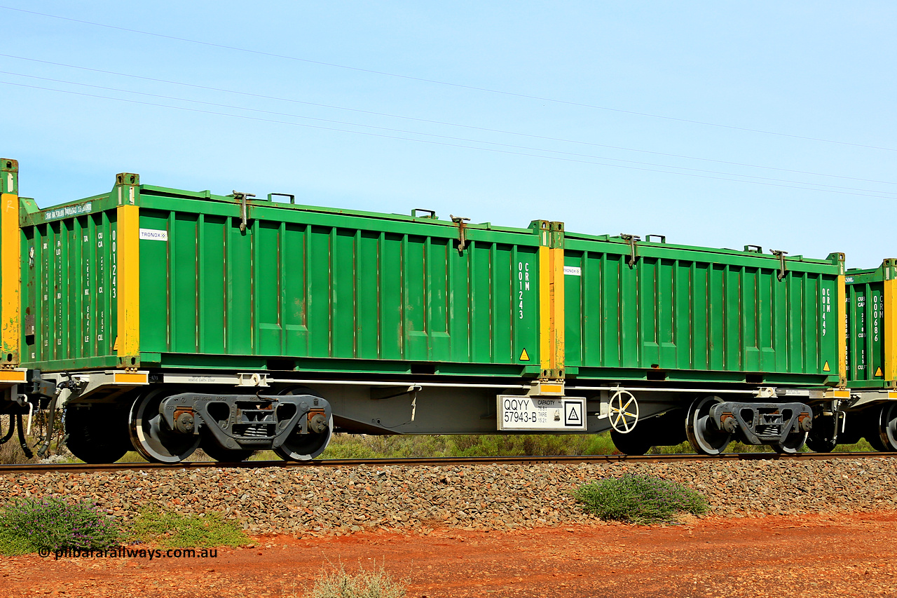 231020 8171
Parkeston, QQYY type 40' container waggon QQYY 57943 one of five hundred ordered by Aurizon and built by CRRC Yangtze Group of China in 2022. In service with two loaded 20' half height hard top 'rotainers' lettered CRM, for Cristal Mining before they were absorbed into Tronox, CRM 001449 with Tronox decal and yellow corner posts and CRM 001243 with Tronox decal and yellow corner posts, on Aurizon's Tronox mineral sands train 4UP1 from Ivanhoe / Broken Hill (NSW) to Kwinana (WA). 20th of October 2023.
Keywords: QQYY-type;QQYY57943;CRRC-Yangtze-Group-China;