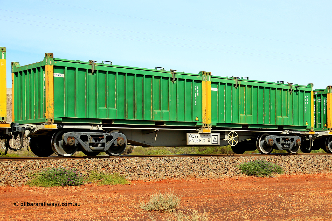 231020 8173
Parkeston, QQYY type 40' container waggon QQYY 57706 one of five hundred ordered by Aurizon and built by CRRC Yangtze Group of China in 2022. In service with two loaded 20' half height hard top 'rotainers' lettered CRM, for Cristal Mining before they were absorbed into Tronox, CRM 000132 with Cristal decal and yellow corner posts and CRM 001024 with Tronox decal and yellow corner posts, on Aurizon's Tronox mineral sands train 4UP1 from Ivanhoe / Broken Hill (NSW) to Kwinana (WA). 20th of October 2023.
Keywords: QQYY-type;QQYY57706;CRRC-Yangtze-Group-China;