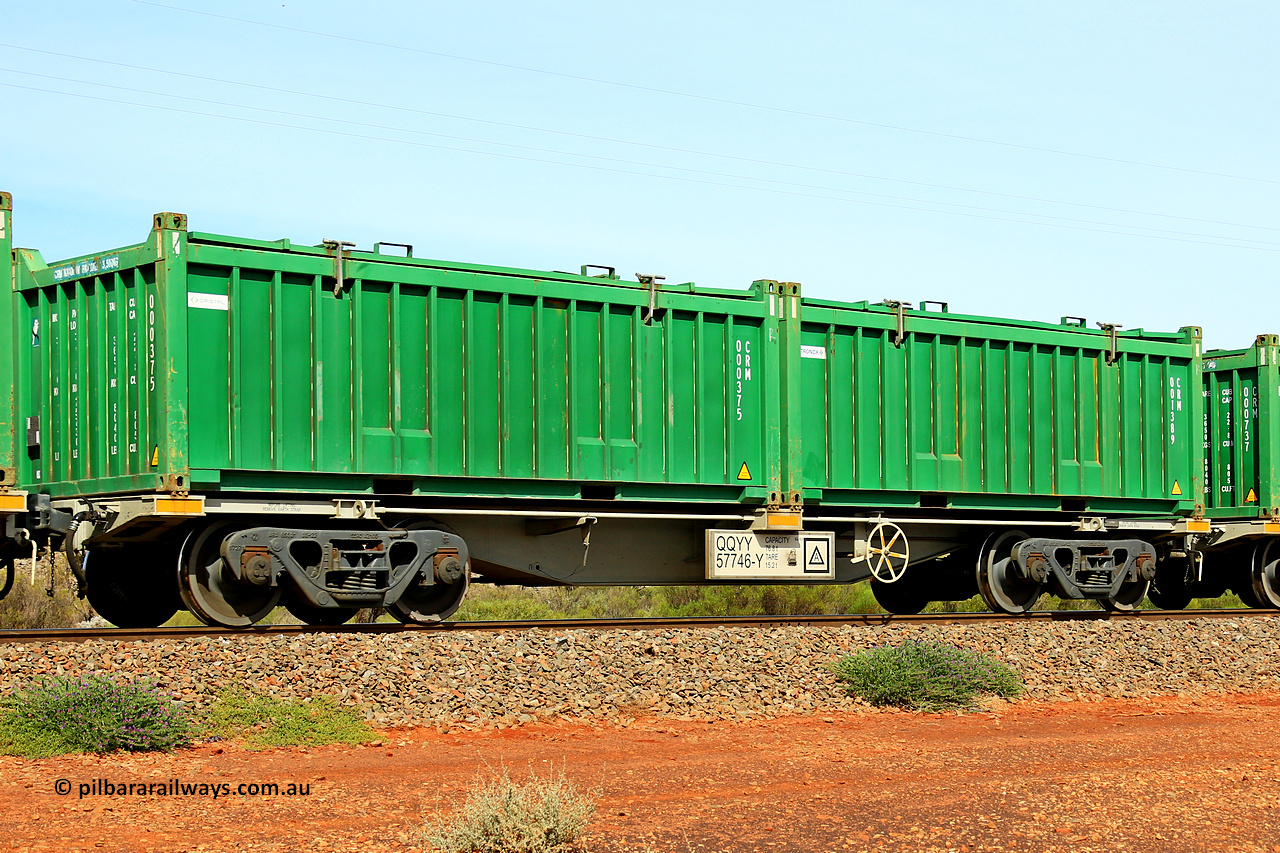 231020 8176
Parkeston, QQYY type 40' container waggon QQYY 57746 one of five hundred ordered by Aurizon and built by CRRC Yangtze Group of China in 2022. In service with two loaded 20' half height hard top 'rotainers' lettered CRM, for Cristal Mining before they were absorbed into Tronox, CRM 001389 with Tronox decal and CRM 000375 with Cristal decal, on Aurizon's Tronox mineral sands train 4UP1 from Ivanhoe / Broken Hill (NSW) to Kwinana (WA). 20th of October 2023.
Keywords: QQYY-type;QQYY57746;CRRC-Yangtze-Group-China;