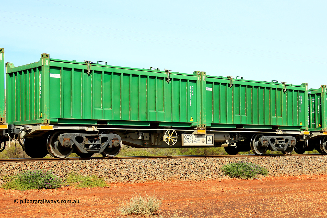 231020 8177
Parkeston, QQYY type 40' container waggon QQYY 57821 one of five hundred ordered by Aurizon and built by CRRC Yangtze Group of China in 2022. In service with two loaded 20' half height hard top 'rotainers' lettered CRM, for Cristal Mining before they were absorbed into Tronox, CRM 001708 with Tronox decal and CRM 000084 with Cristal decal, on Aurizon's Tronox mineral sands train 4UP1 from Ivanhoe / Broken Hill (NSW) to Kwinana (WA). 20th of October 2023.
Keywords: QQYY-type;QQYY57821;CRRC-Yangtze-Group-China;