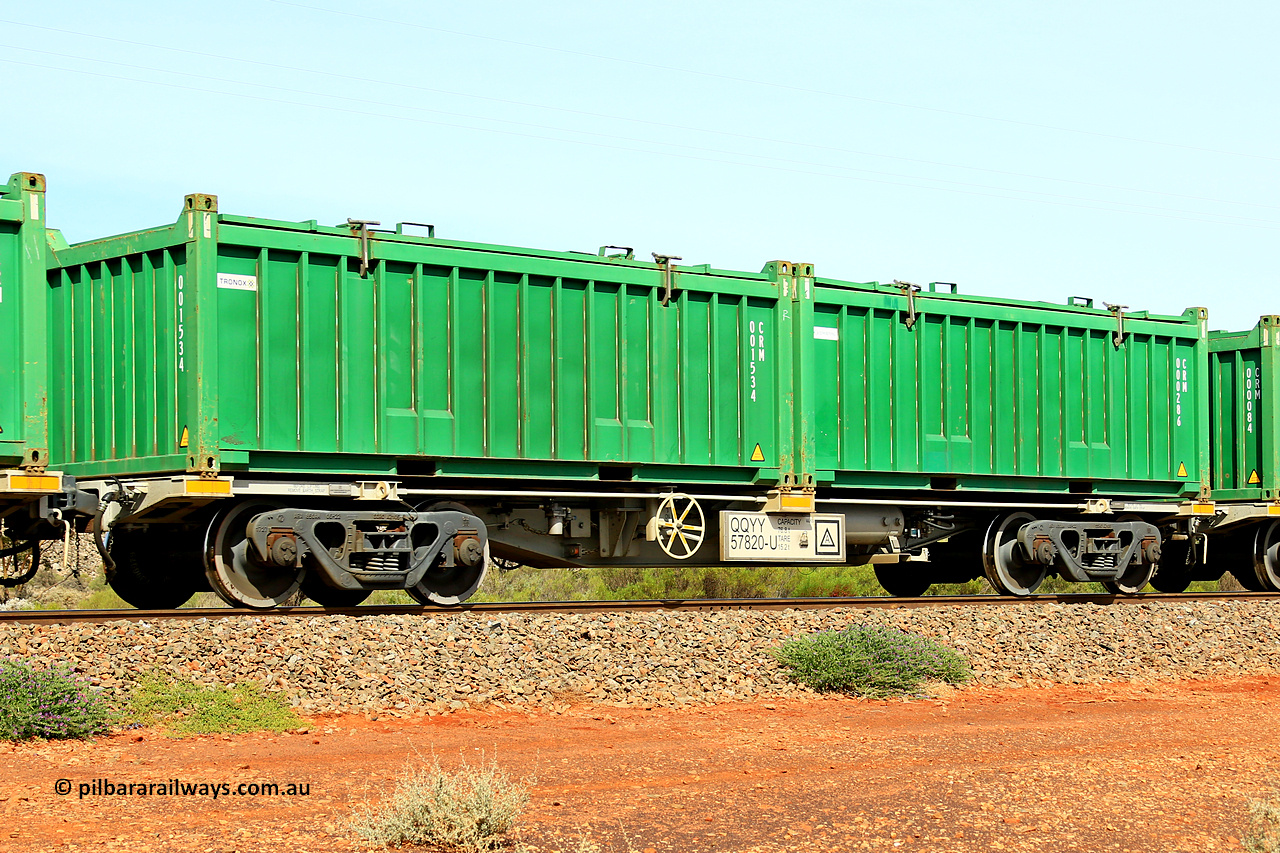 231020 8178
Parkeston, QQYY type 40' container waggon QQYY 57820 one of five hundred ordered by Aurizon and built by CRRC Yangtze Group of China in 2022. In service with two loaded 20' half height hard top 'rotainers' lettered CRM, for Cristal Mining before they were absorbed into Tronox, CRM 000286 with Cristal decal and CRM 001534 with Tronox decal, on Aurizon's Tronox mineral sands train 4UP1 from Ivanhoe / Broken Hill (NSW) to Kwinana (WA). 20th of October 2023.
Keywords: QQYY-type;QQYY57820;CRRC-Yangtze-Group-China;