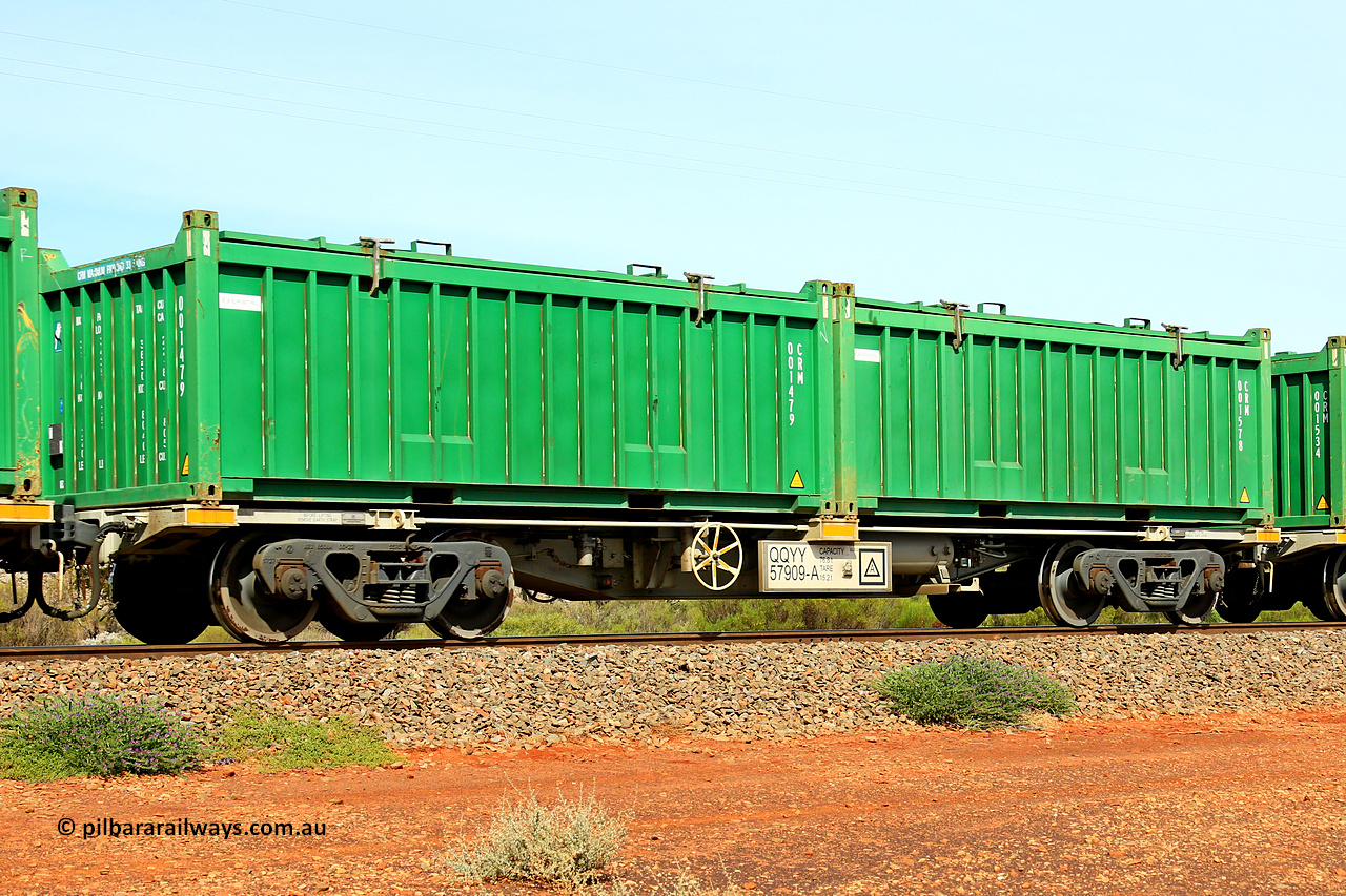 231020 8179
Parkeston, QQYY type 40' container waggon QQYY 57909 one of five hundred ordered by Aurizon and built by CRRC Yangtze Group of China in 2022. In service with two loaded 20' half height hard top 'rotainers' lettered CRM, for Cristal Mining before they were absorbed into Tronox, CRM 001578 with Cristal decal and CRM 001479 with Cristal decal, on Aurizon's Tronox mineral sands train 4UP1 from Ivanhoe / Broken Hill (NSW) to Kwinana (WA). 20th of October 2023.
Keywords: QQYY-type;QQYY57909;CRRC-Yangtze-Group-China;